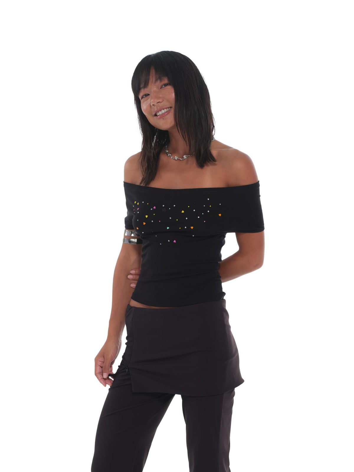 innerflow Rhinestone Off Shoulder Halter Slim Fit Short Sleeve Cotton Women&