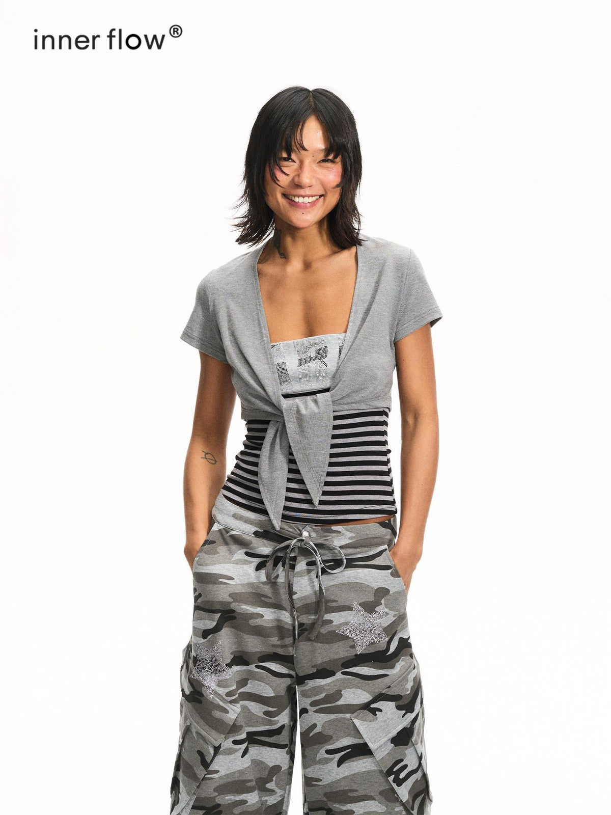 innerflow Rhinestone Striped Tube Top Camo Slim Fit Women&