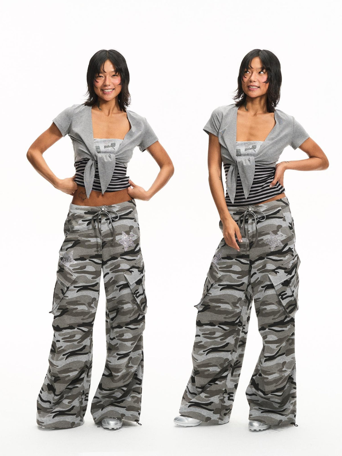 innerflow Rhinestone Striped Tube Top Camo Slim Fit Women&