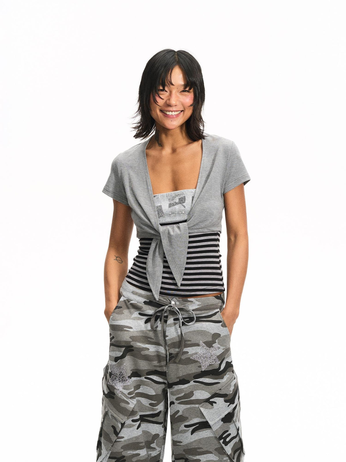 innerflow Rhinestone Striped Tube Top Camo Slim Fit Women&