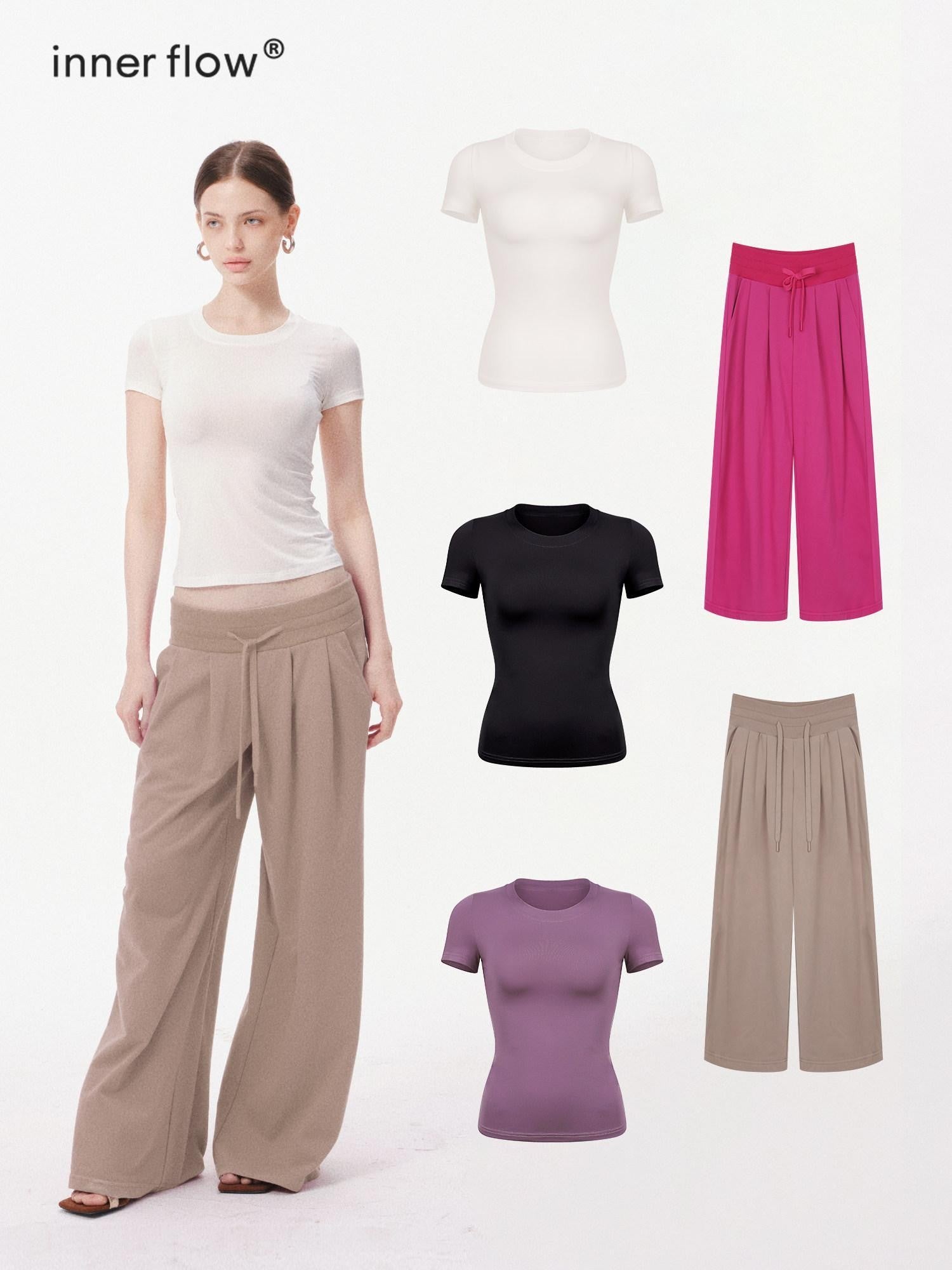 innerflow Solid Slim Short Sleeve Tee Wide Leg Pants Women&