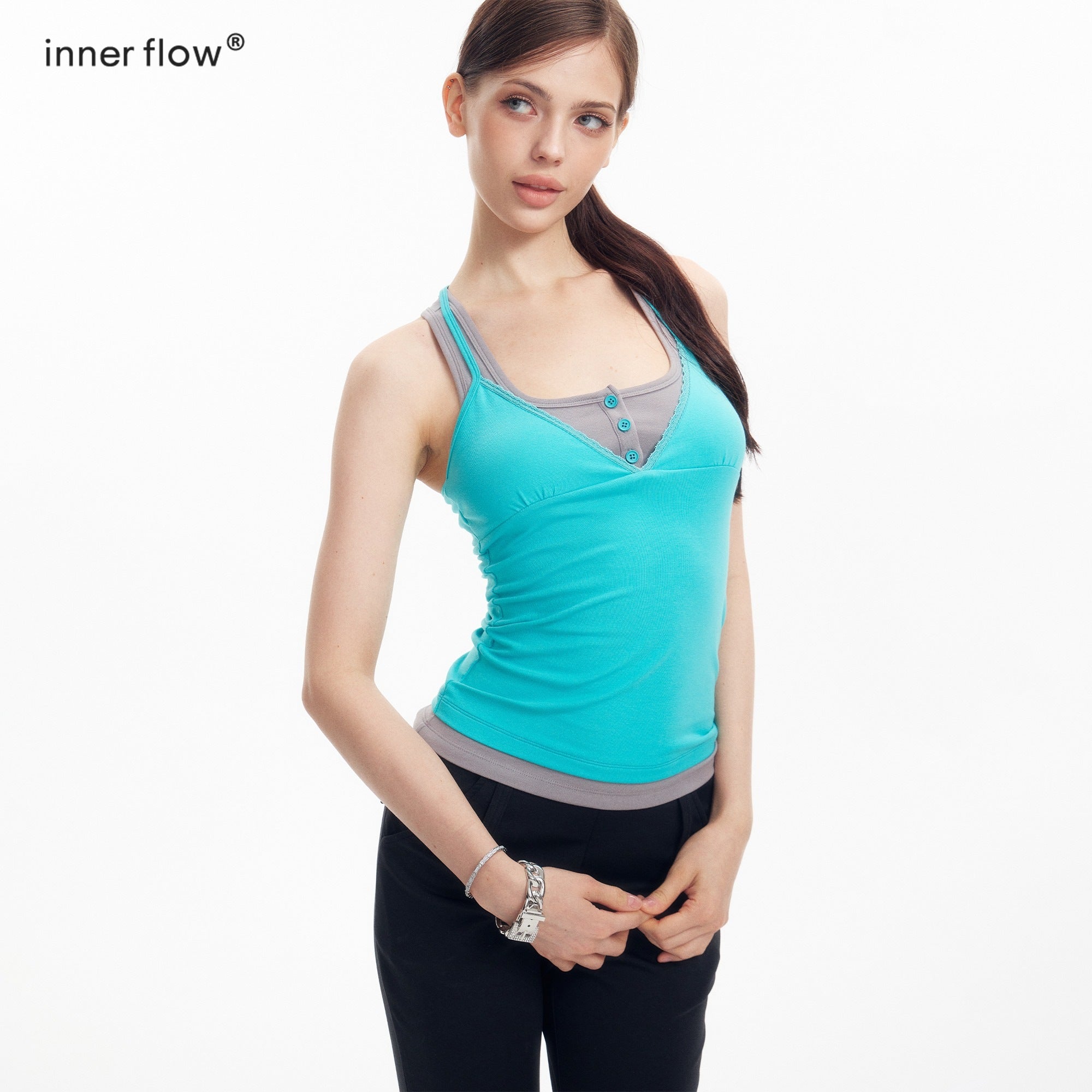 innerflow_Teal_Contrast_Crisscross_Back_Faux_Two_Piece_V-neck_Women&