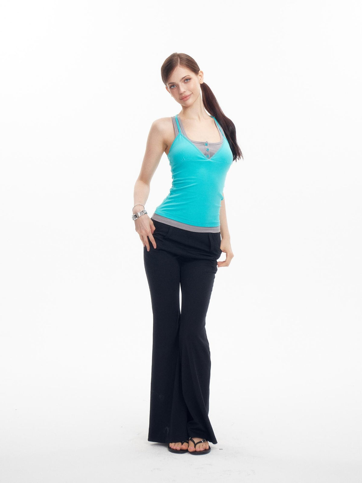 innerflow Teal Contrast Crisscross Back Faux Two Piece V-neck Women&