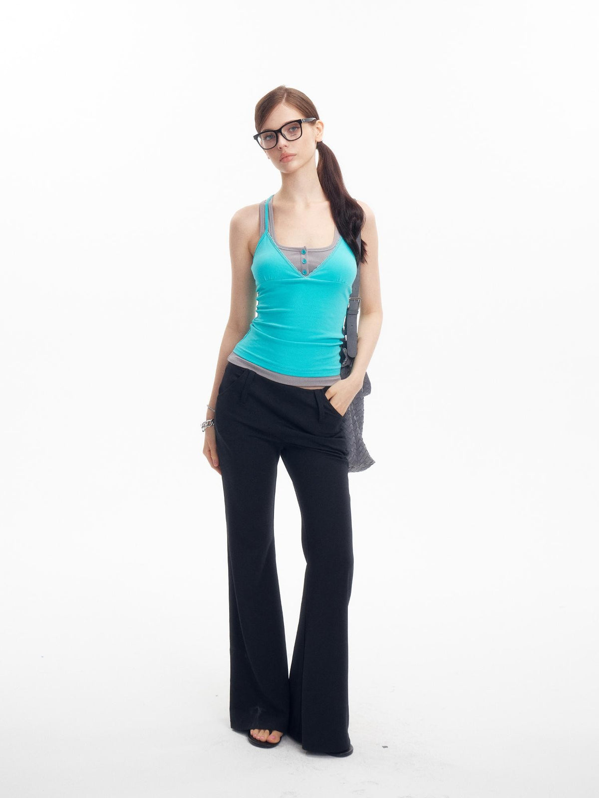innerflow Teal Contrast Crisscross Back Faux Two Piece V-neck Women&
