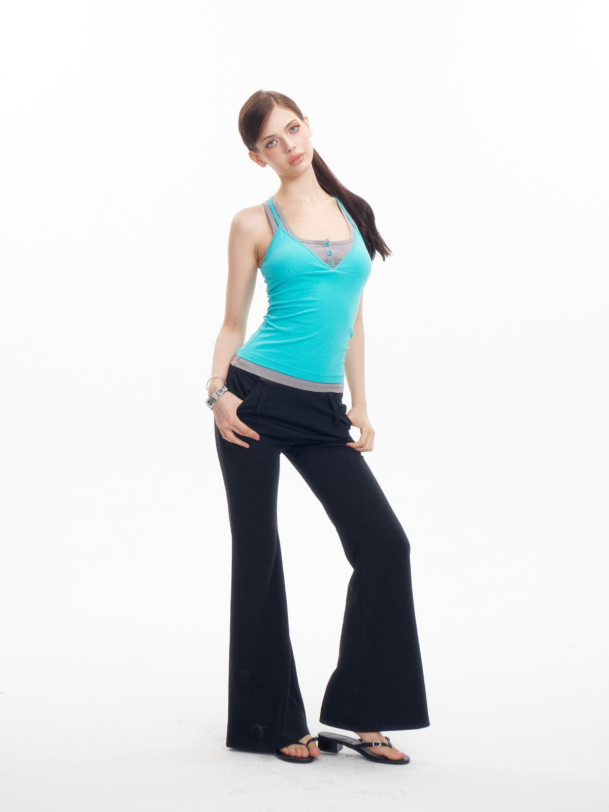 innerflow Teal Contrast Crisscross Back Faux Two Piece V-neck Women&