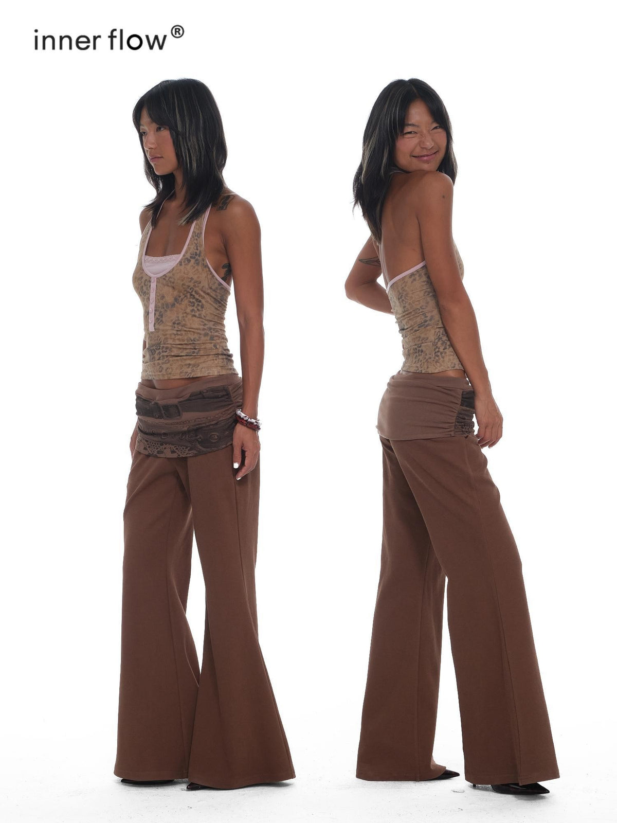 innerflow Vintage Low Rise Waistband Print Micro Flare Women&
