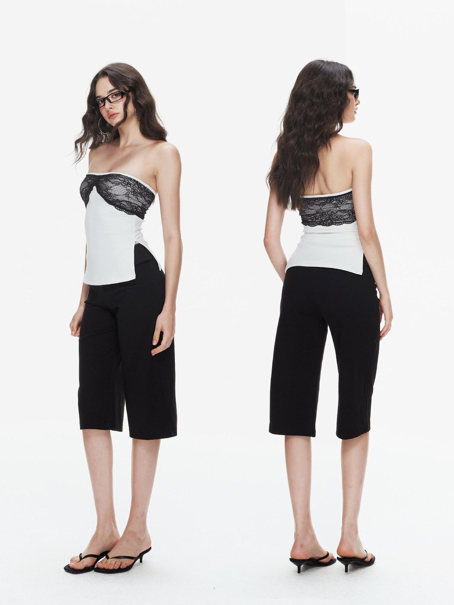 innerflow White One Shoulder Lace Spliced Bandeau Women&