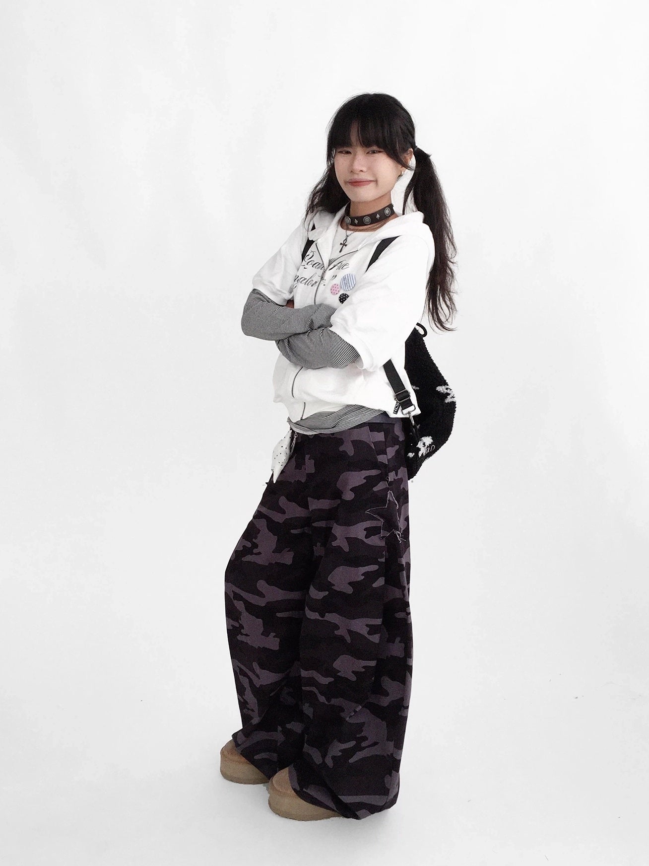 innomoood 100% Cotton Loose Curved Leg Patch Detail Unisex Mist Purple Camo Pants