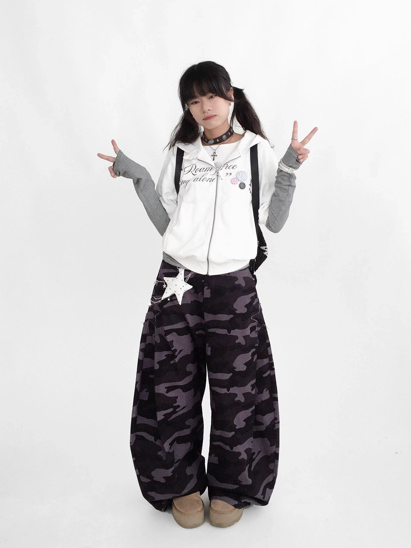 innomoood 100% Cotton Loose Curved Leg Patch Detail Unisex Mist Purple Camo Pants