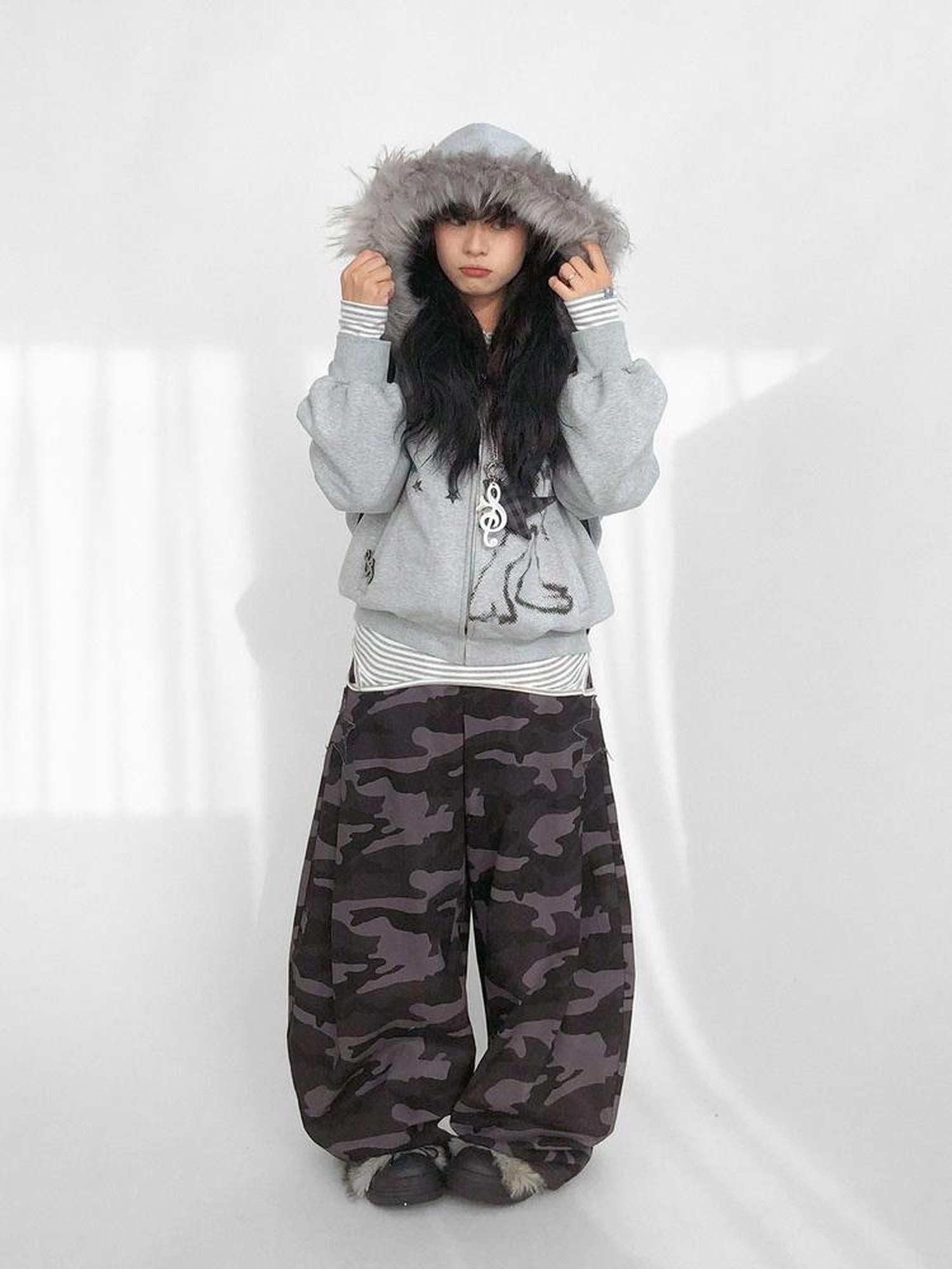 innomoood 100% Cotton Loose Curved Leg Patch Detail Unisex Mist Purple Camo Pants