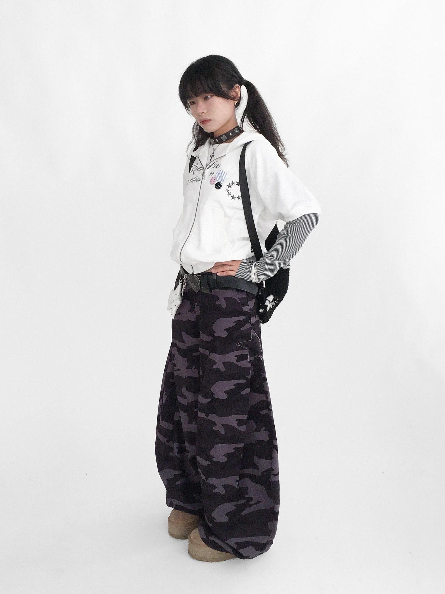 innomoood 100% Cotton Loose Curved Leg Patch Detail Unisex Mist Purple Camo Pants
