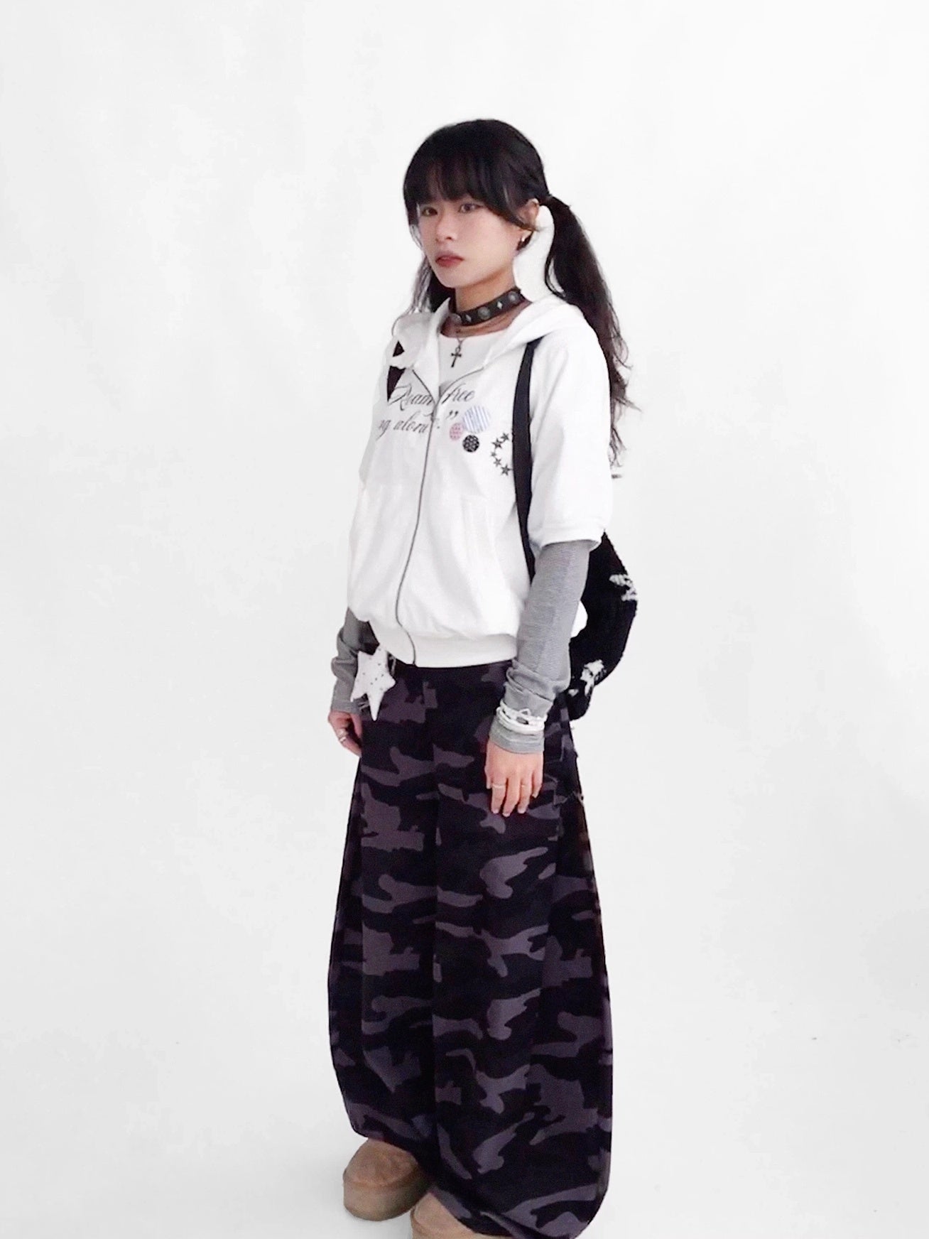 innomoood 100% Cotton Loose Curved Leg Patch Detail Unisex Mist Purple Camo Pants