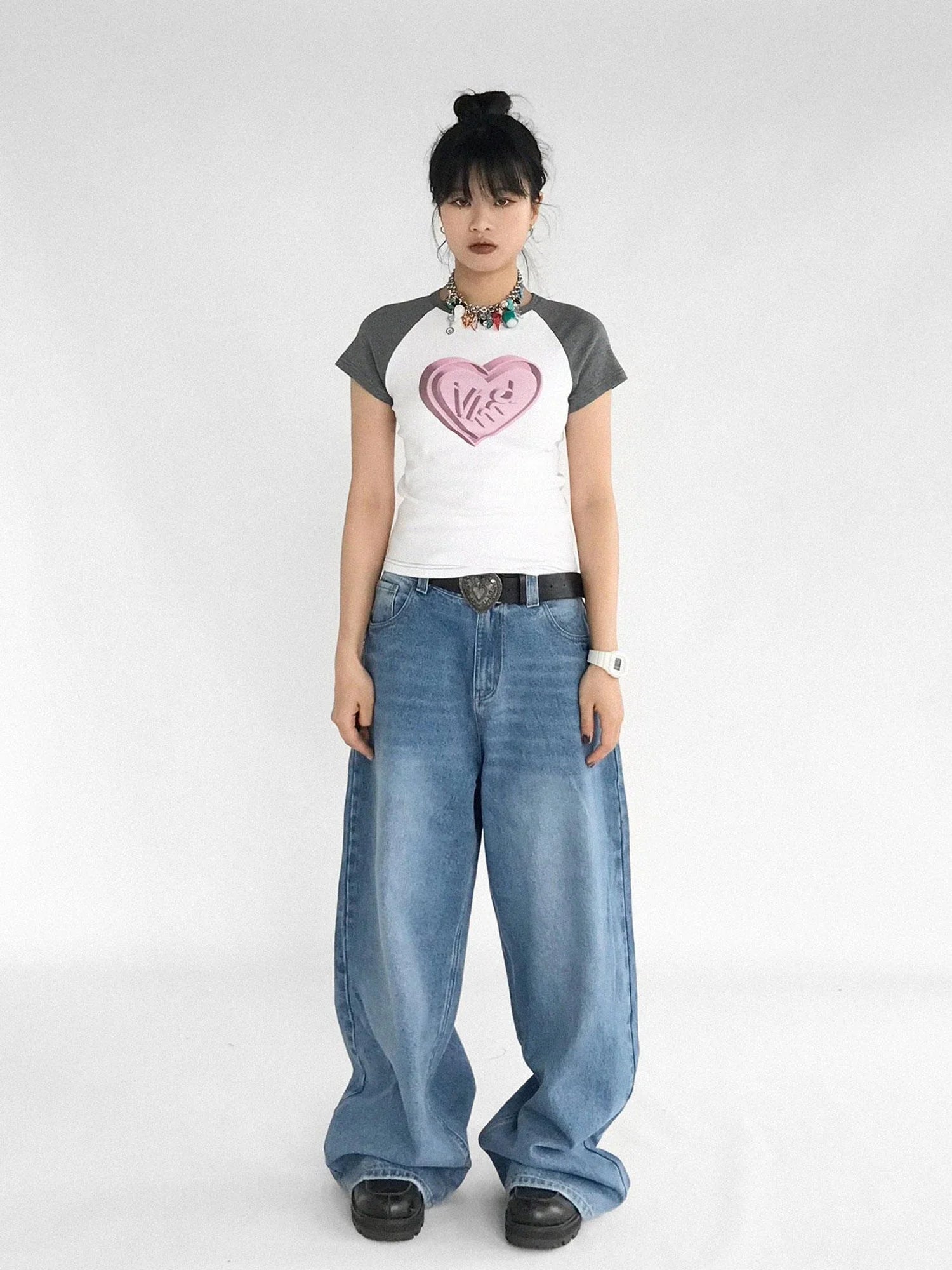 3D Heart Digital Print Fitted Crop Tee Y2K