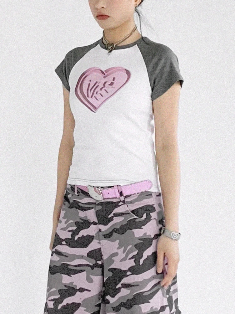 3D Heart Digital Print Fitted Crop Tee Y2K