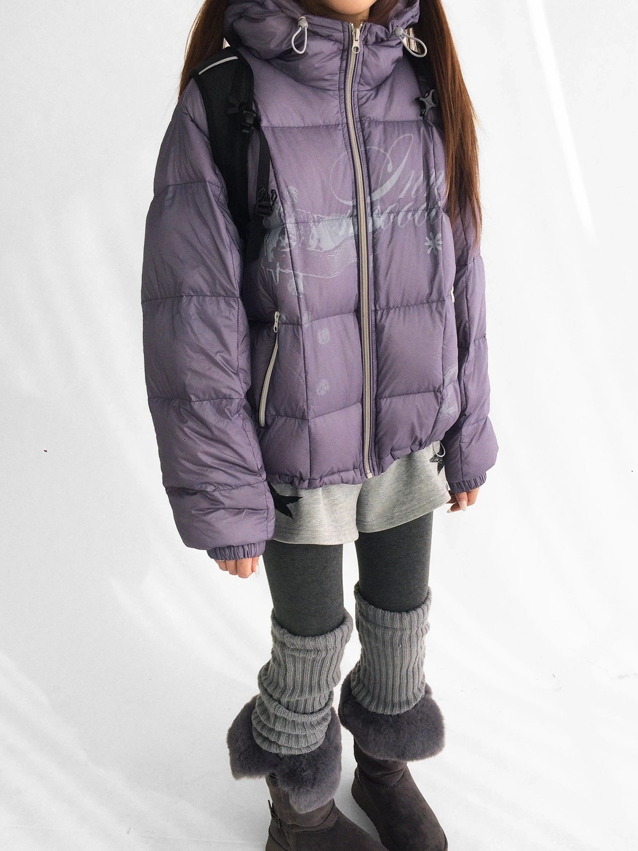 innomoood 90 Percent White Duck Down Printed Loose Hooded Short Zipper Women Down Jacket