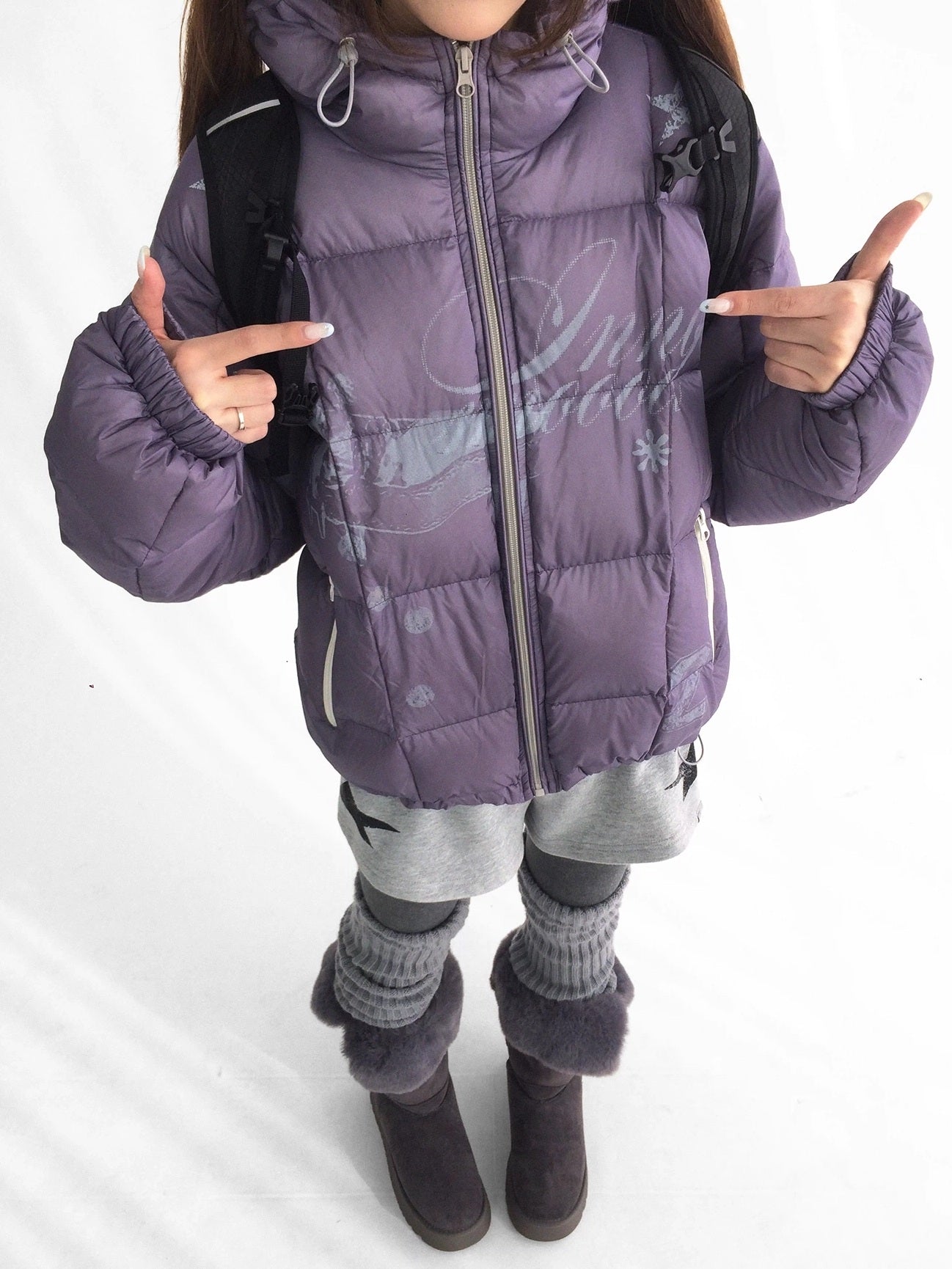 innomoood 90 Percent White Duck Down Printed Loose Hooded Short Zipper Women Down Jacket