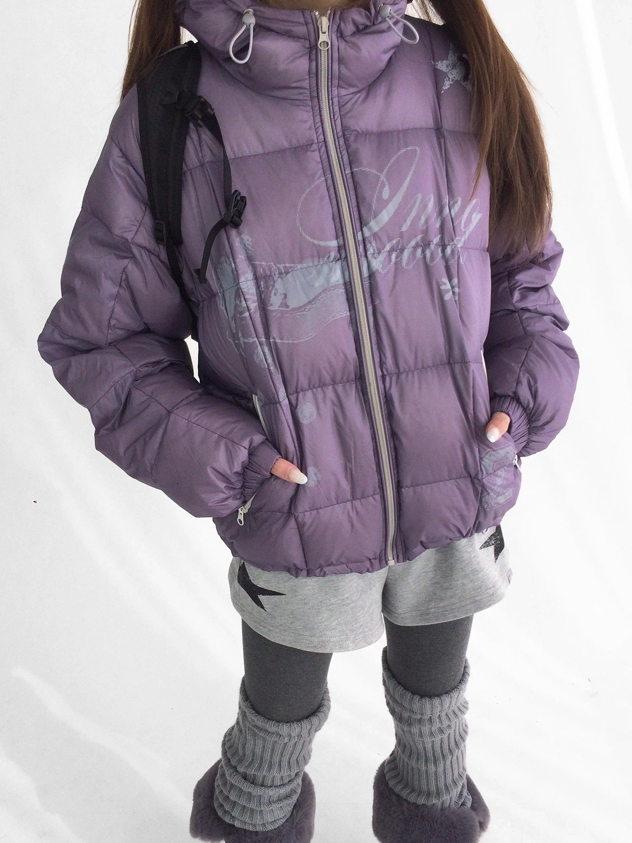 innomoood 90 Percent White Duck Down Printed Loose Hooded Short Zipper Women Down Jacket