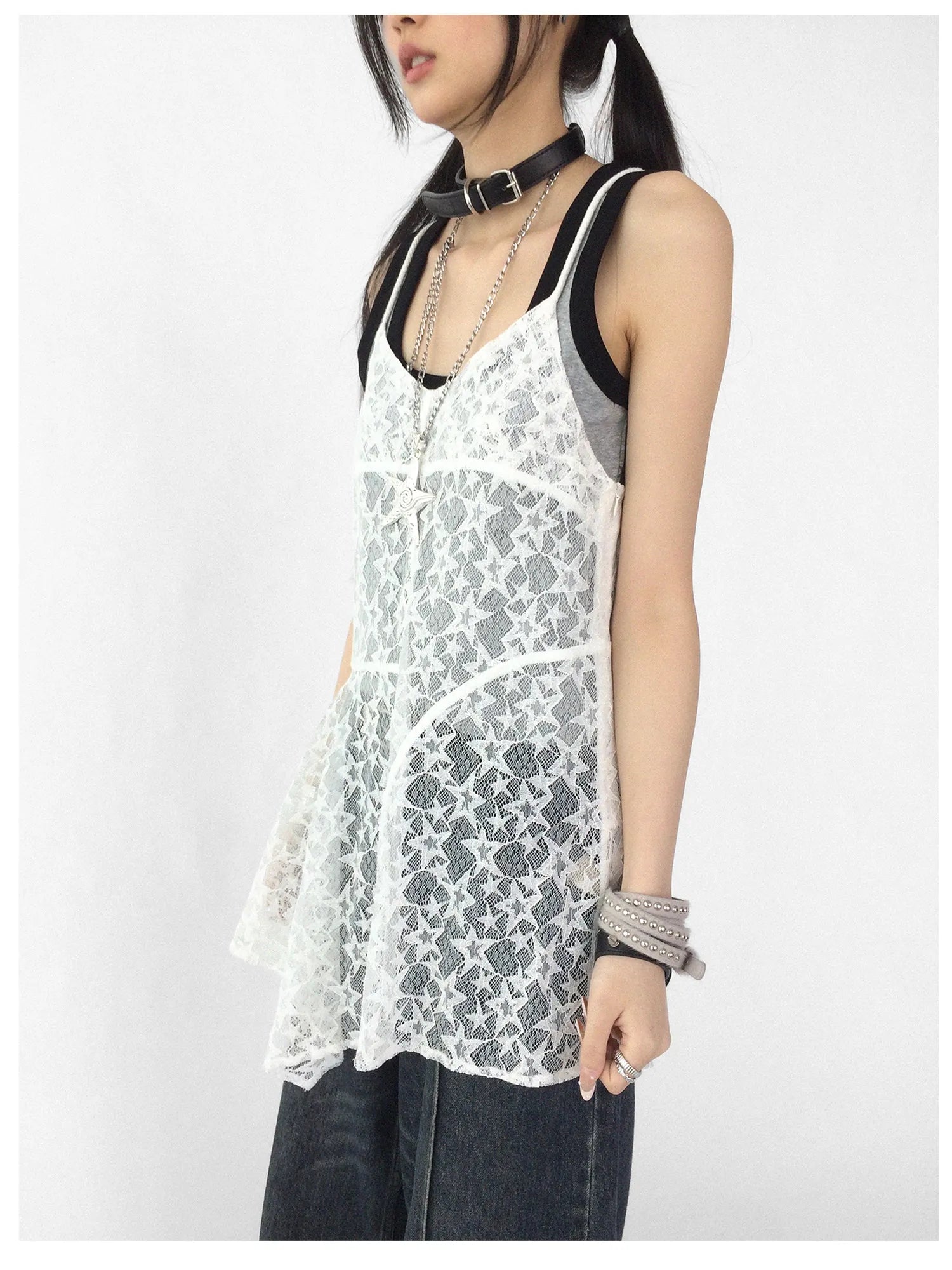 Adjustable Star Lace Slip Dress V-neck T-shirt Long Sleeve