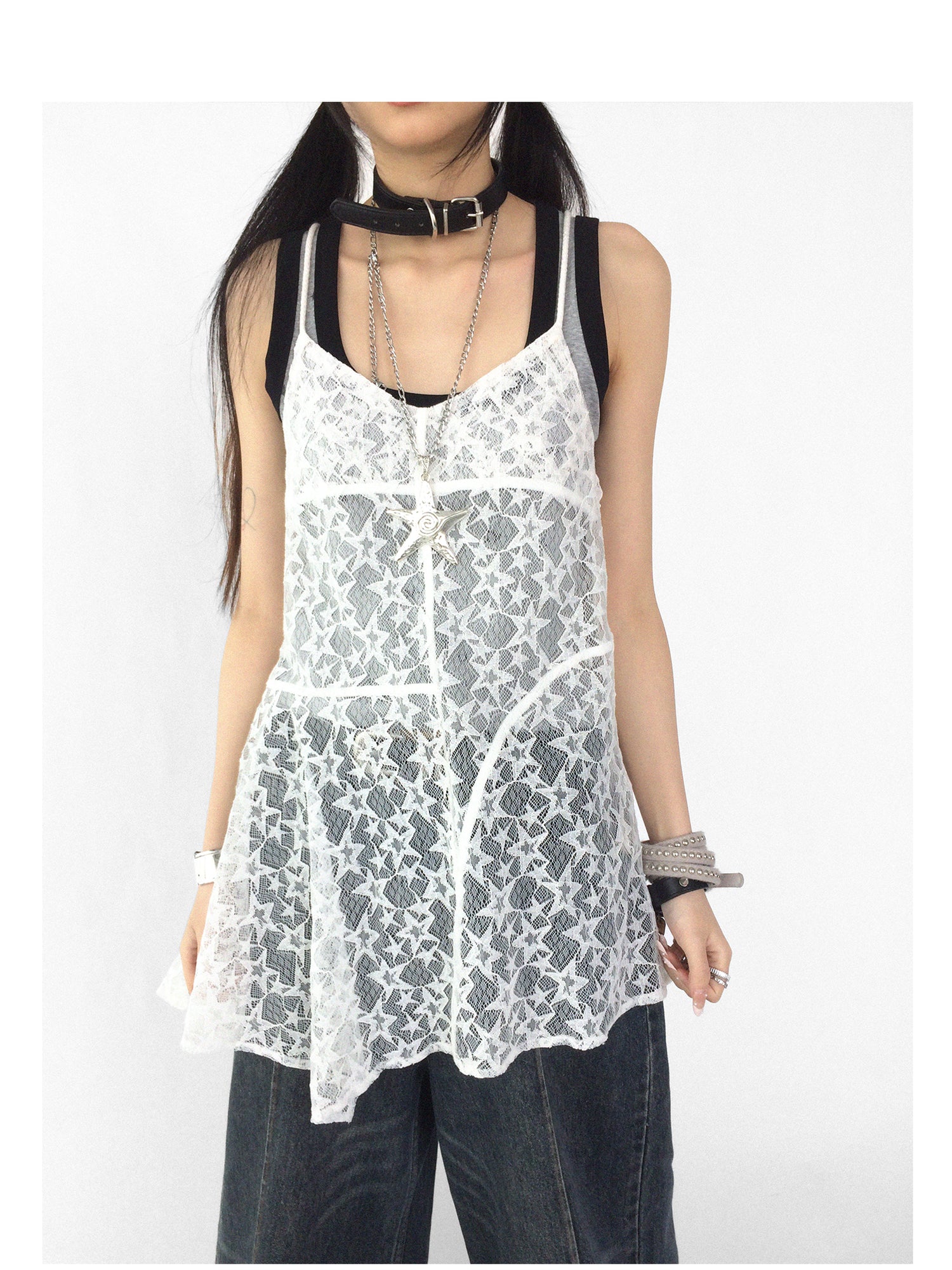 innomoood Adjustable Star Lace Slip Dress V-neck T-shirt Long Sleeve