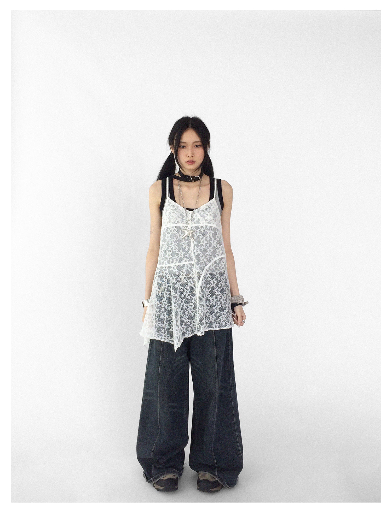 innomoood Adjustable Star Lace Slip Dress V-neck T-shirt Long Sleeve