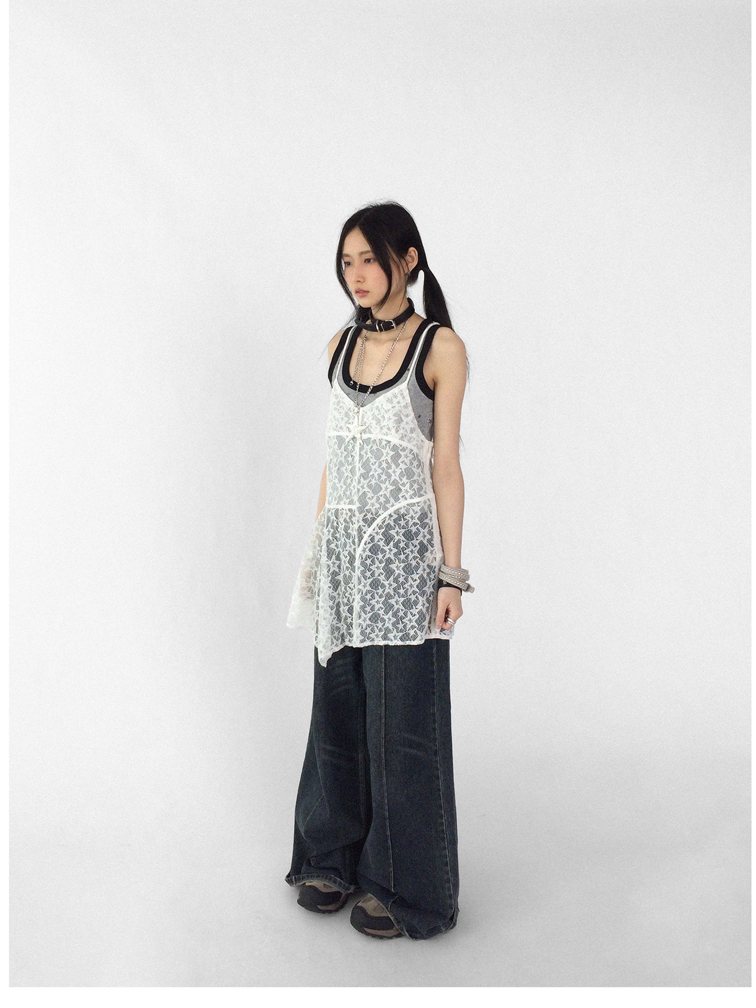 innomoood Adjustable Star Lace Slip Dress V-neck T-shirt Long Sleeve