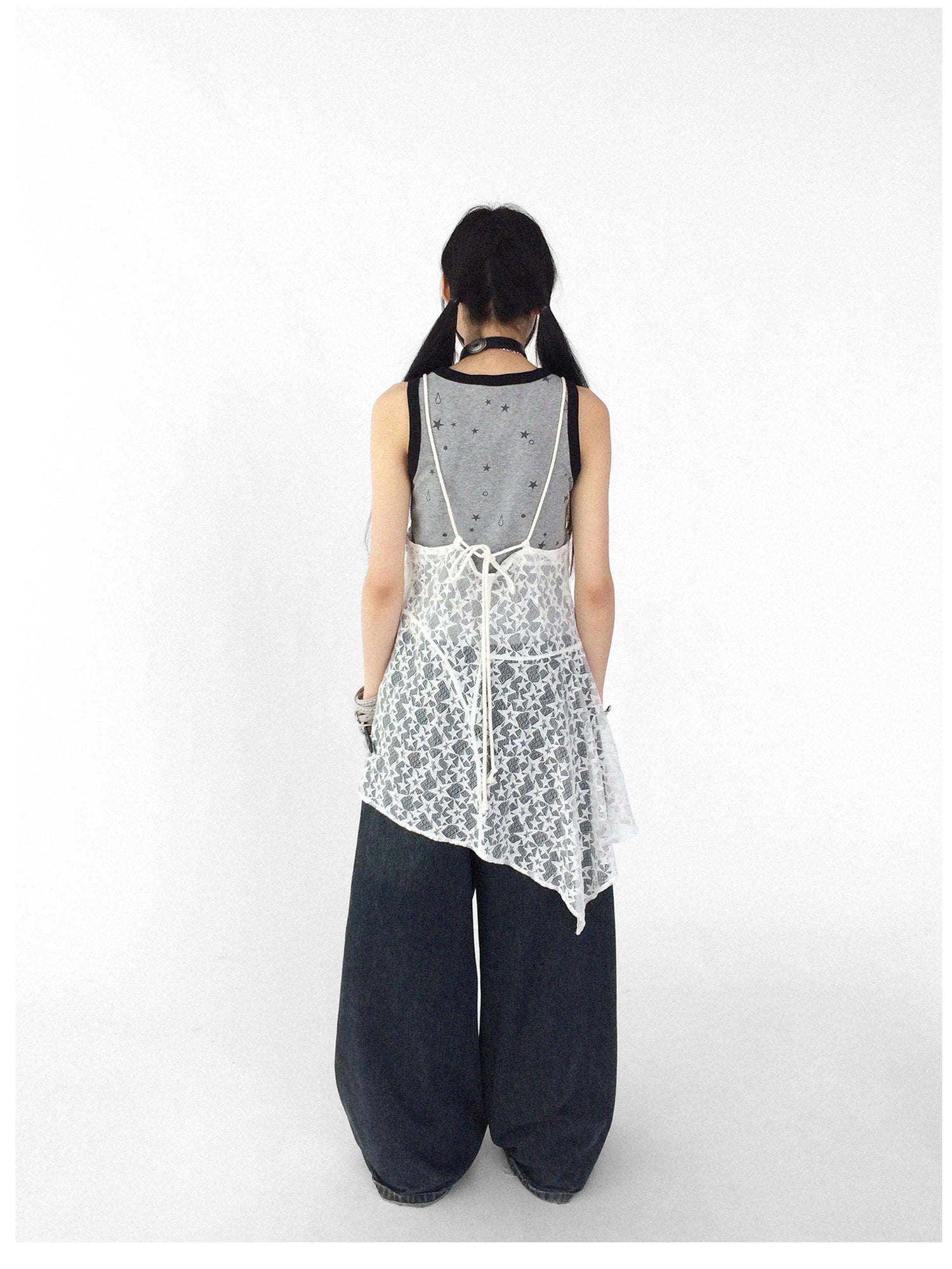 innomoood Adjustable Star Lace Slip Dress V-neck T-shirt Long Sleeve