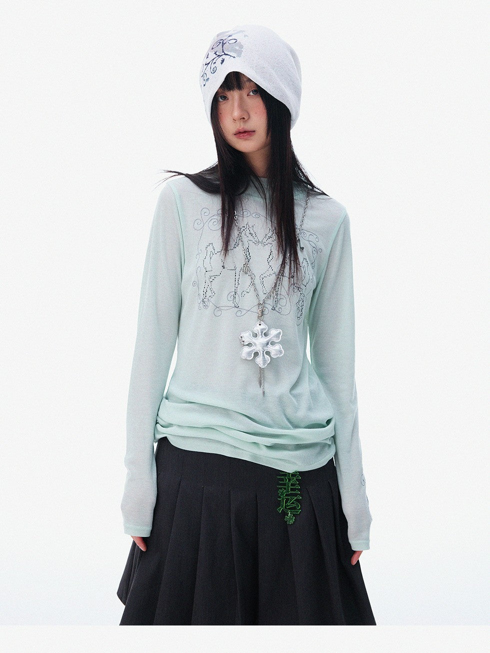 innomoood Airy Pink Embroidered Horse Semi High Neck Women&