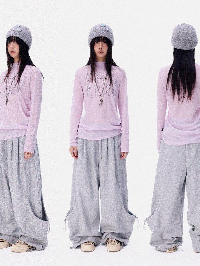 innomoood Airy Pink Embroidered Horse Semi High Neck Women&