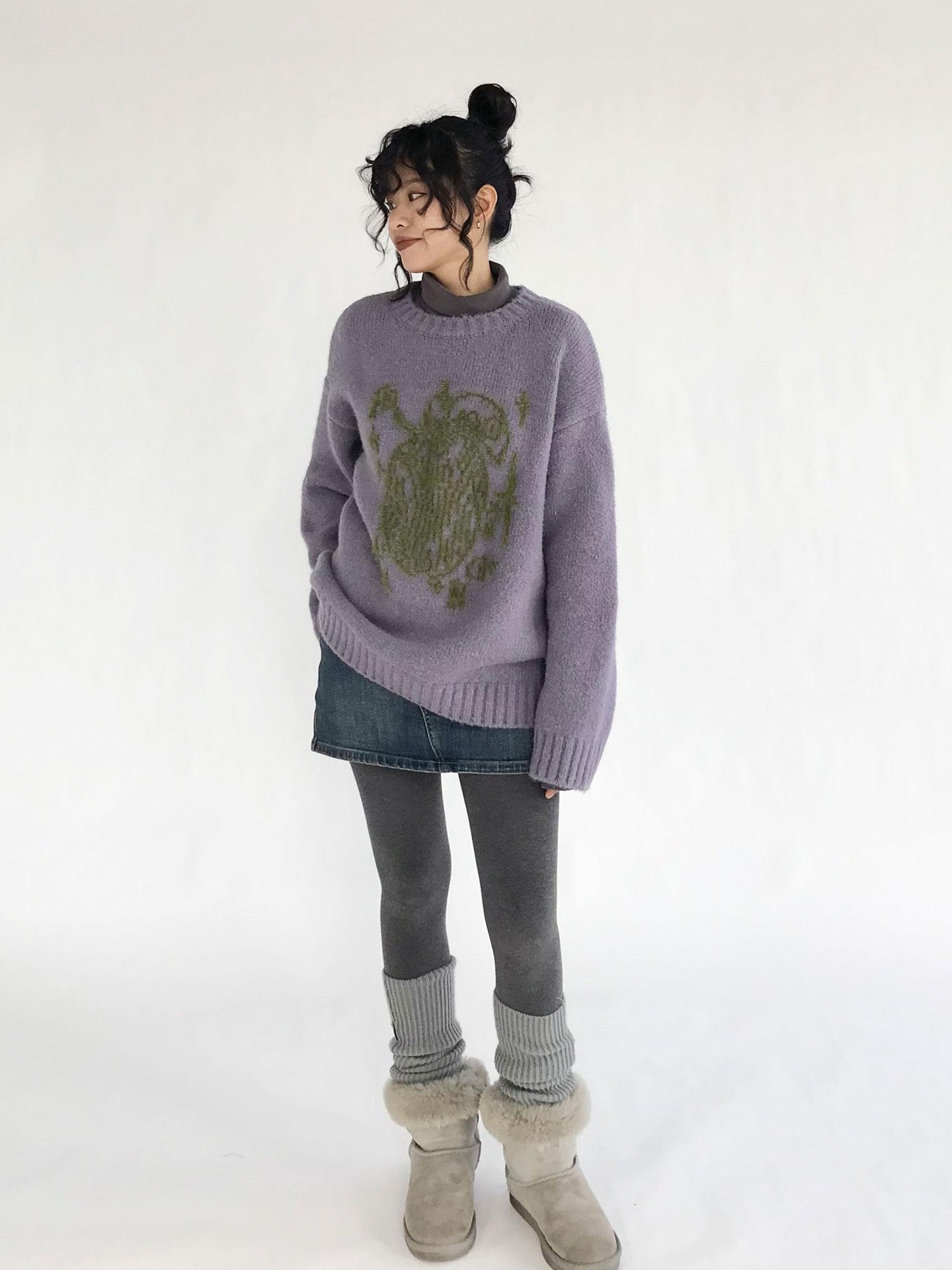 innomoood Apple Jacquard Textured Wool Sweater V-Neck T-Shirt Long-Sleeve