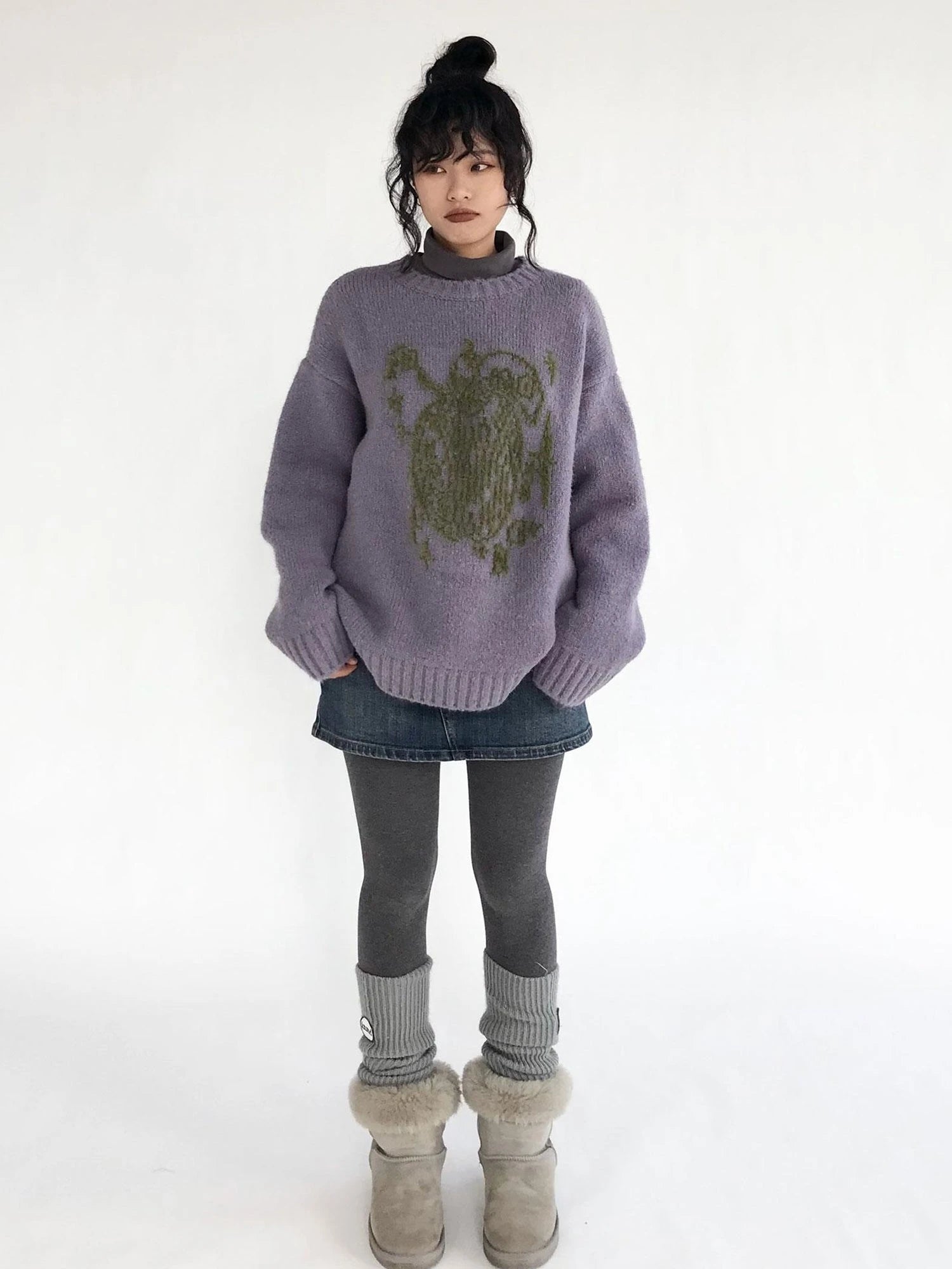 Apple Jacquard Textured Wool Sweater V-Neck T-Shirt Long-Sleeve