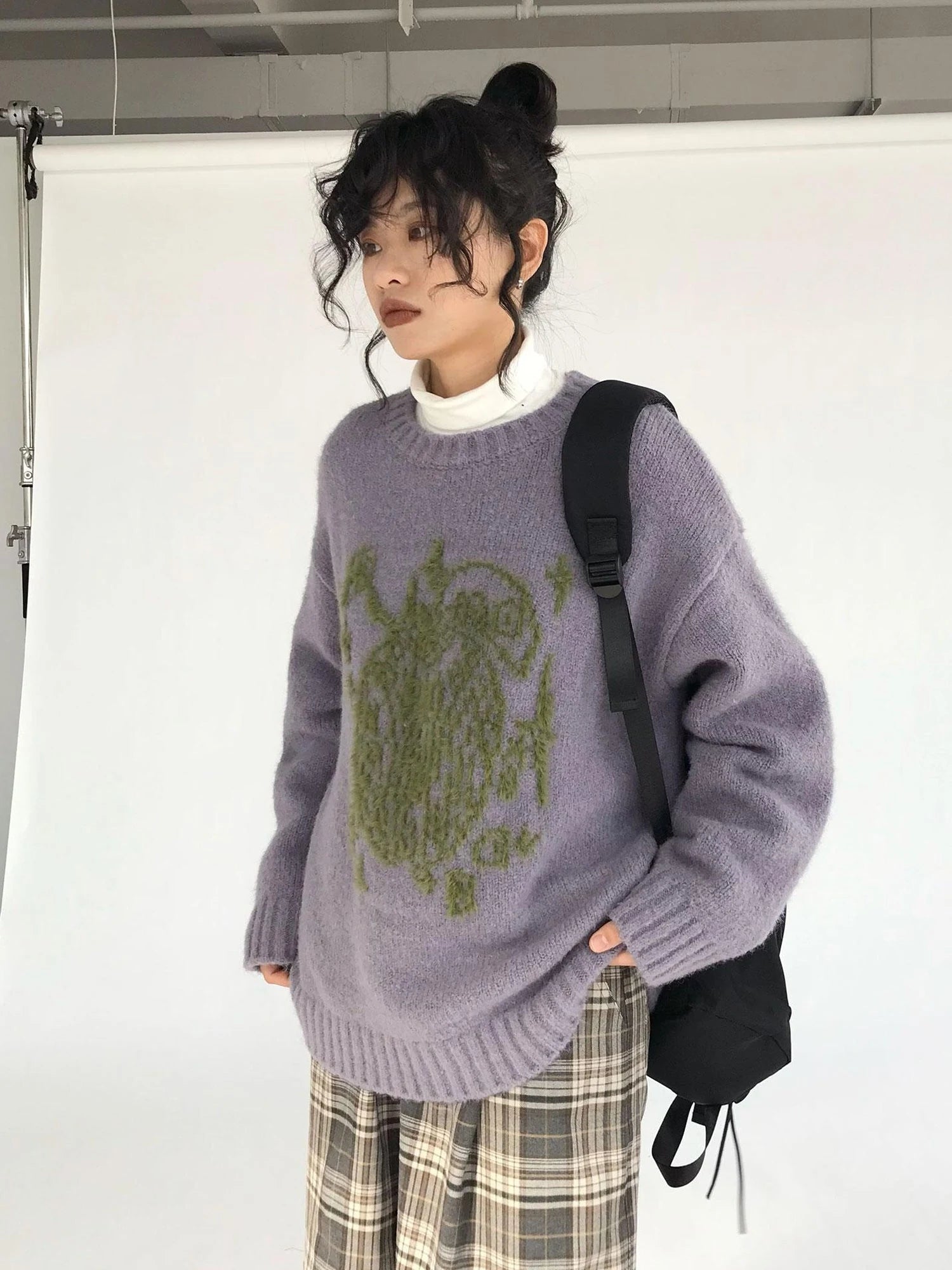 Apple Jacquard Textured Wool Sweater V-Neck T-Shirt Long-Sleeve