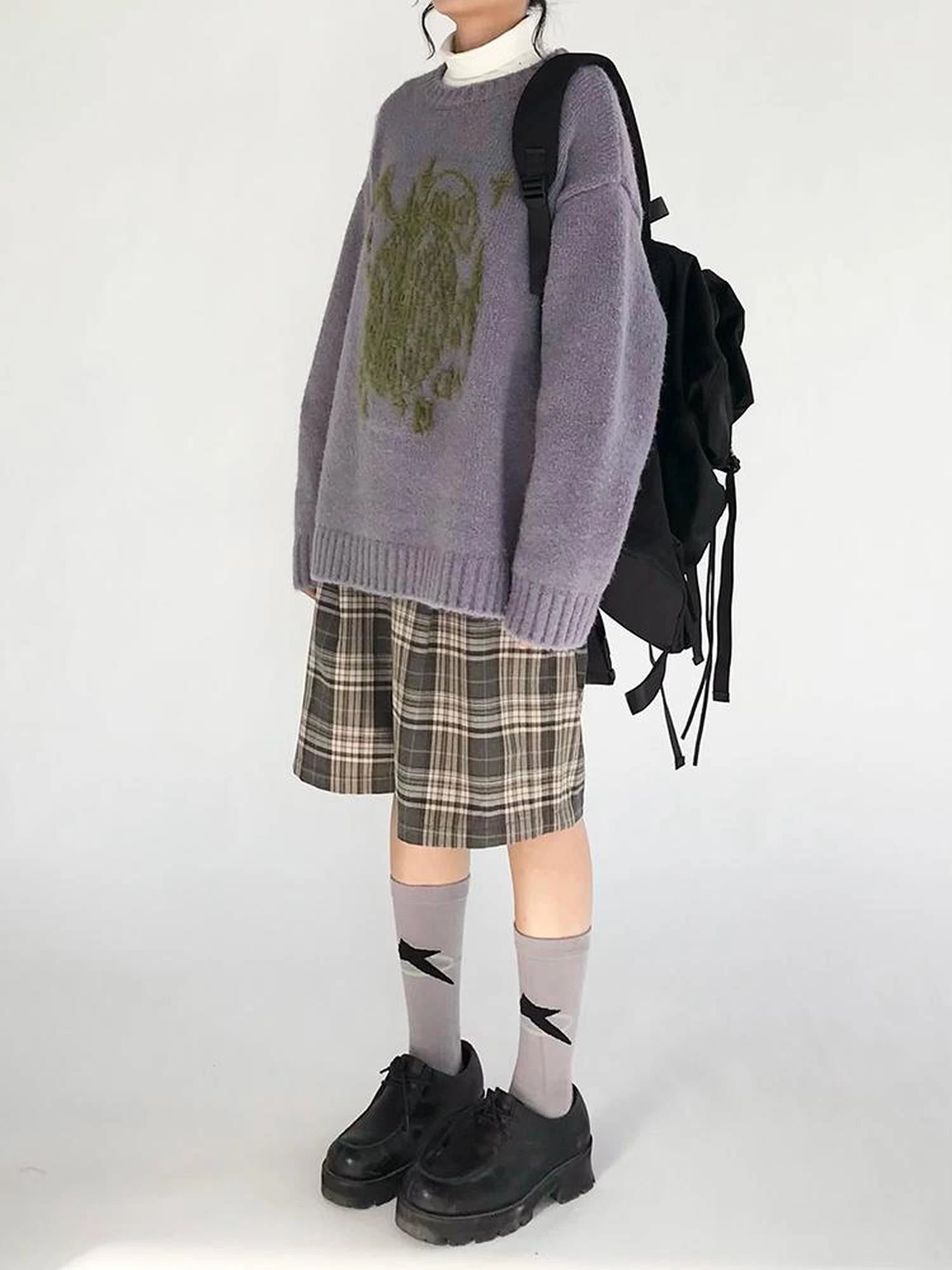 Apple Jacquard Textured Wool Sweater V-Neck T-Shirt Long-Sleeve