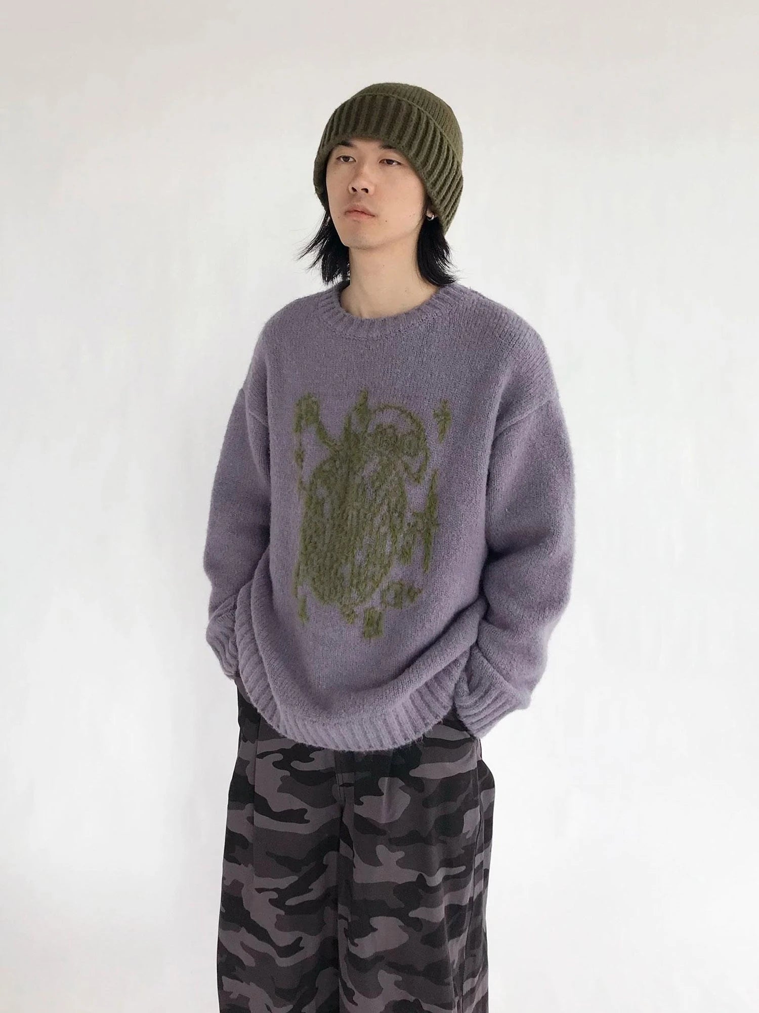 Apple Jacquard Textured Wool Sweater V-Neck T-Shirt Long-Sleeve