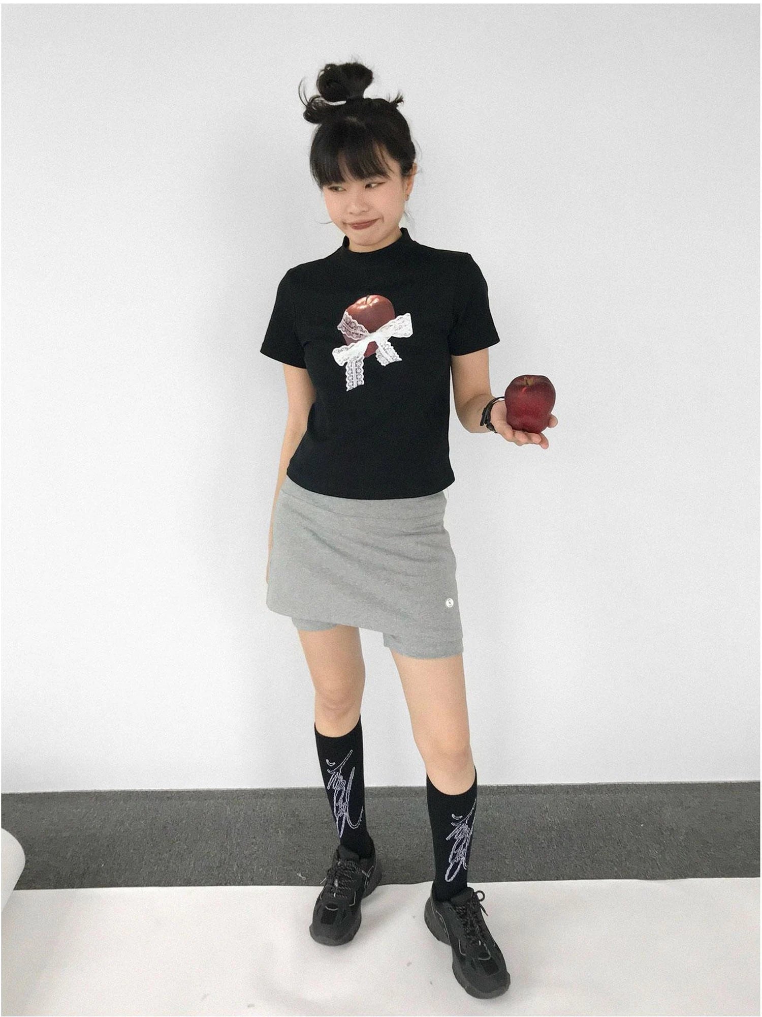 Apple Lace Bow Print Cotton T-shirt