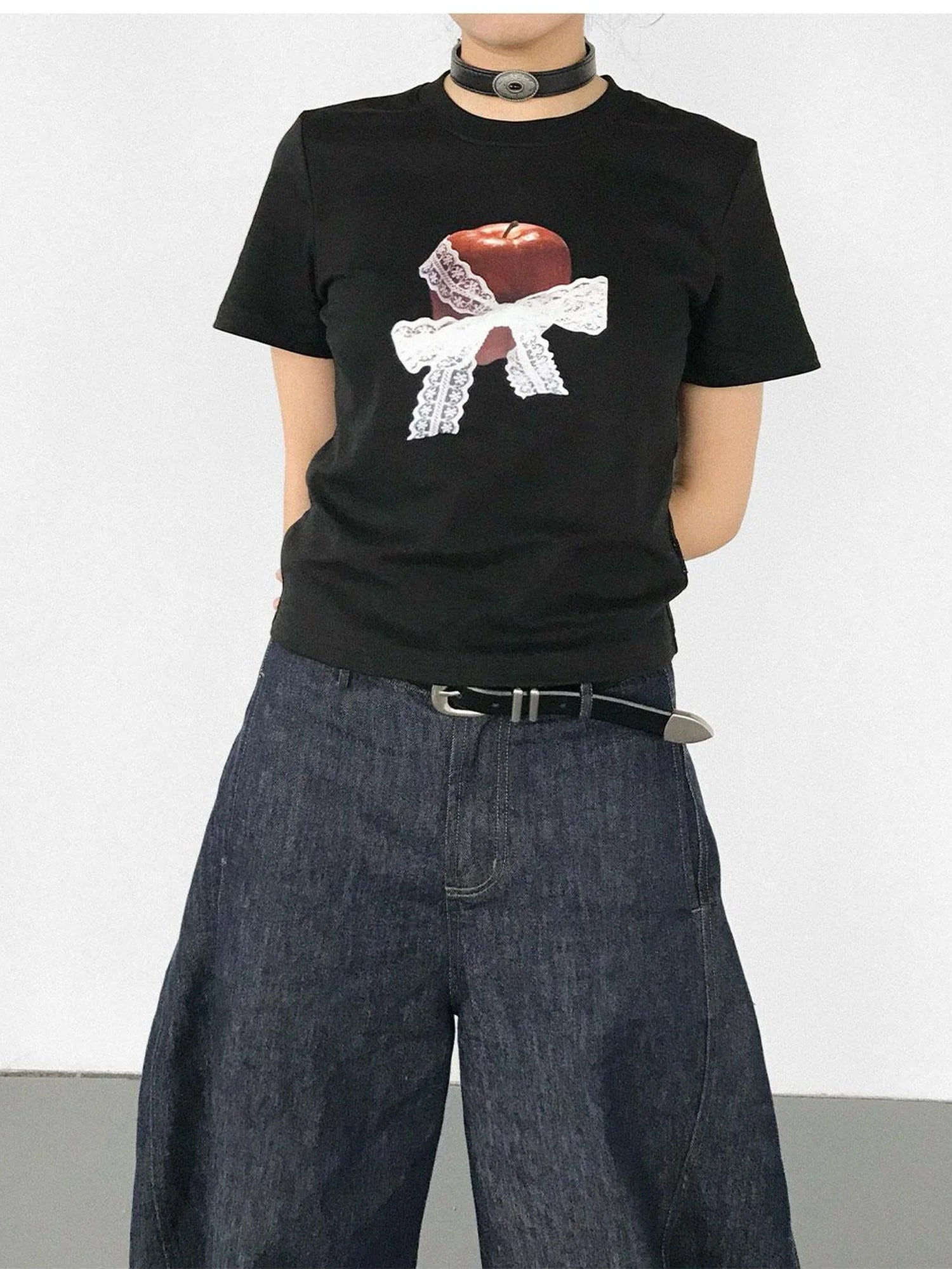 Apple Lace Bow Print Cotton T-shirt