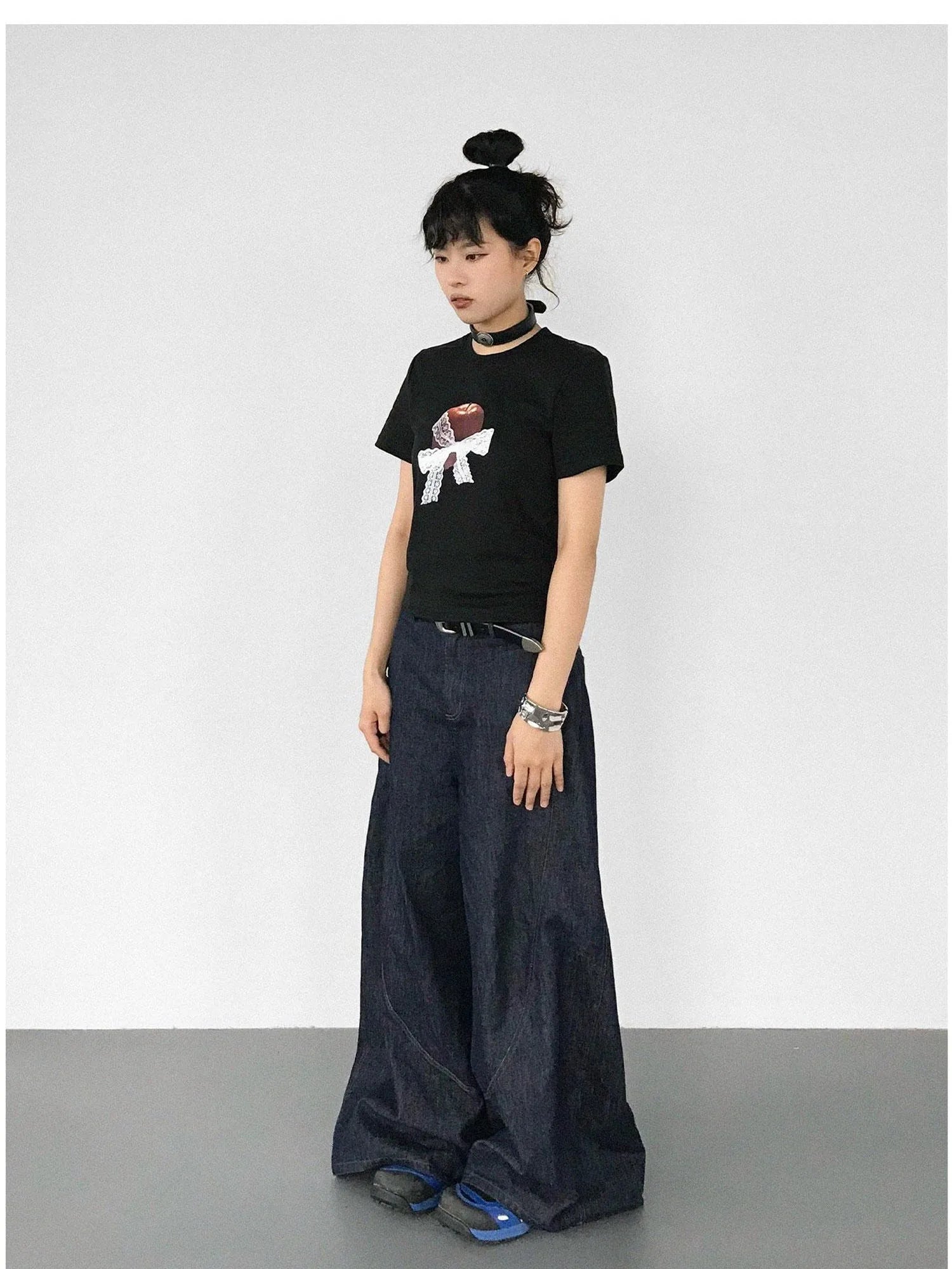 Apple Lace Bow Print Cotton T-shirt