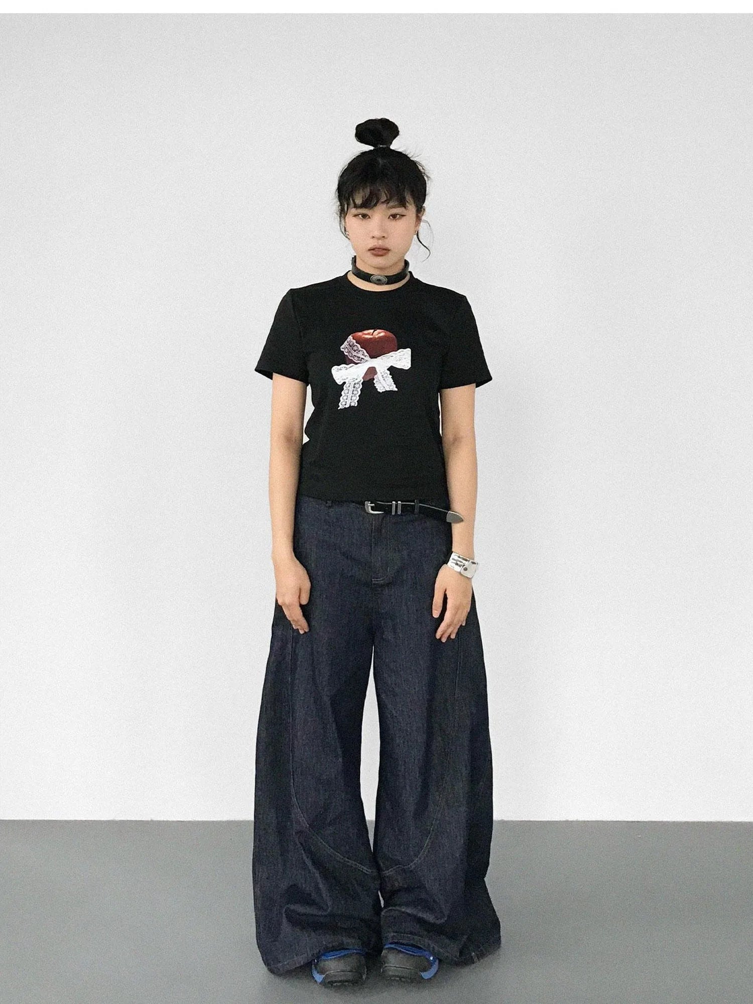 Apple Lace Bow Print Cotton T-shirt