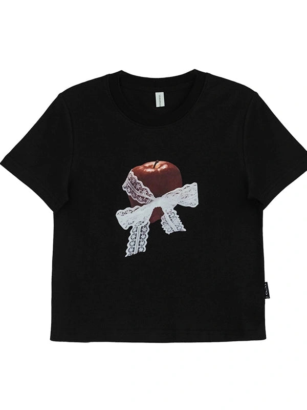 Apple Lace Bow Print Cotton T-shirt