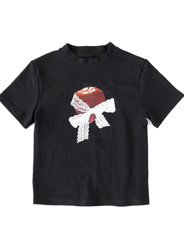 Apple Lace Bow Print Cotton T-shirt