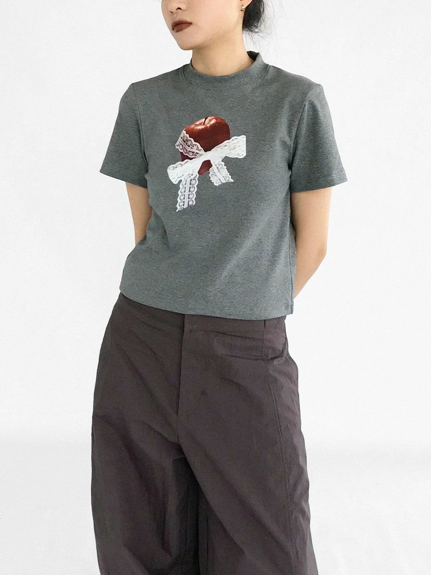 Apple Lace Bow Print Cotton T-shirt