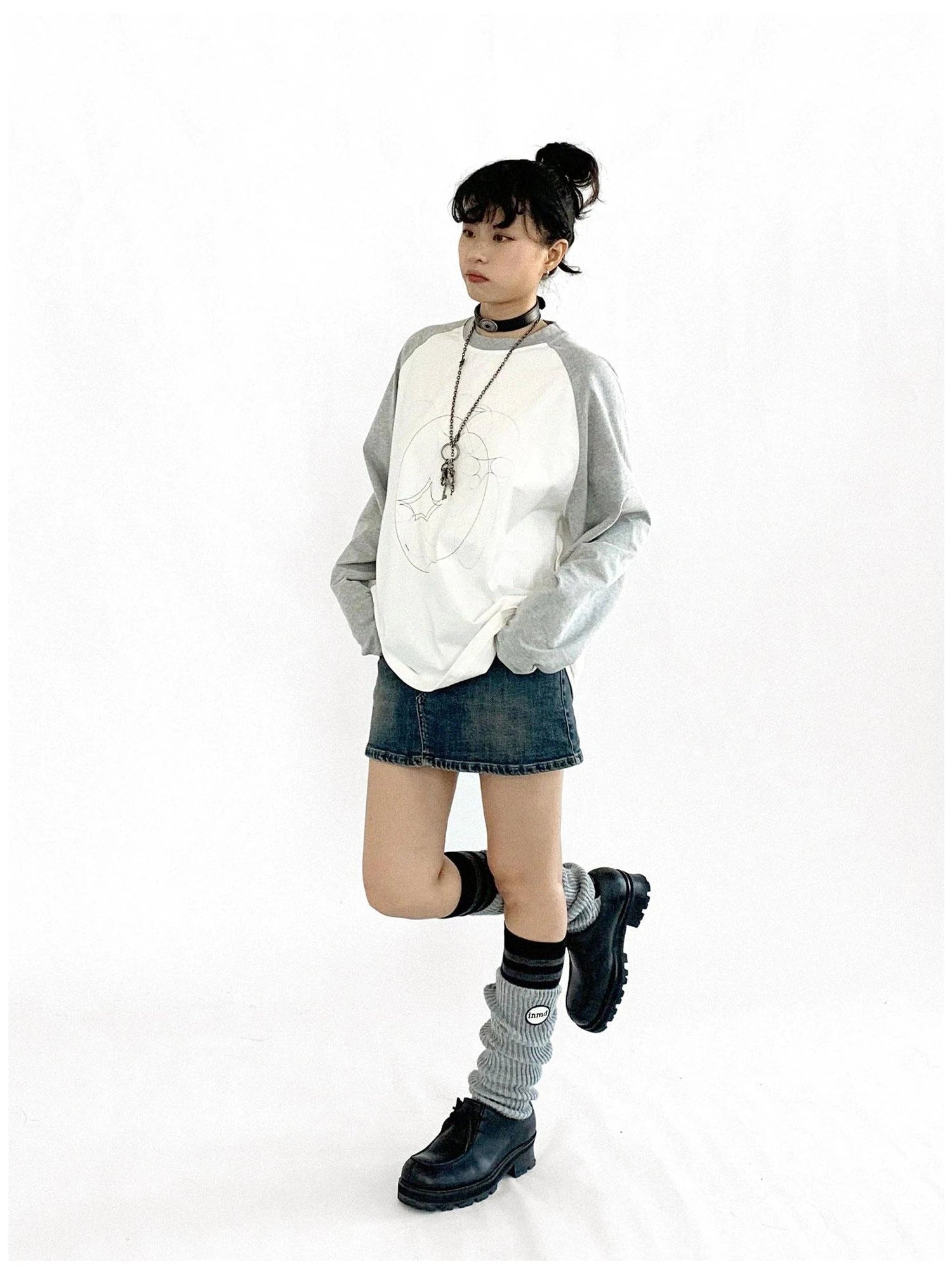 Apple Stitch Line Print T-shirt Long Sleeve Raglan Unisex