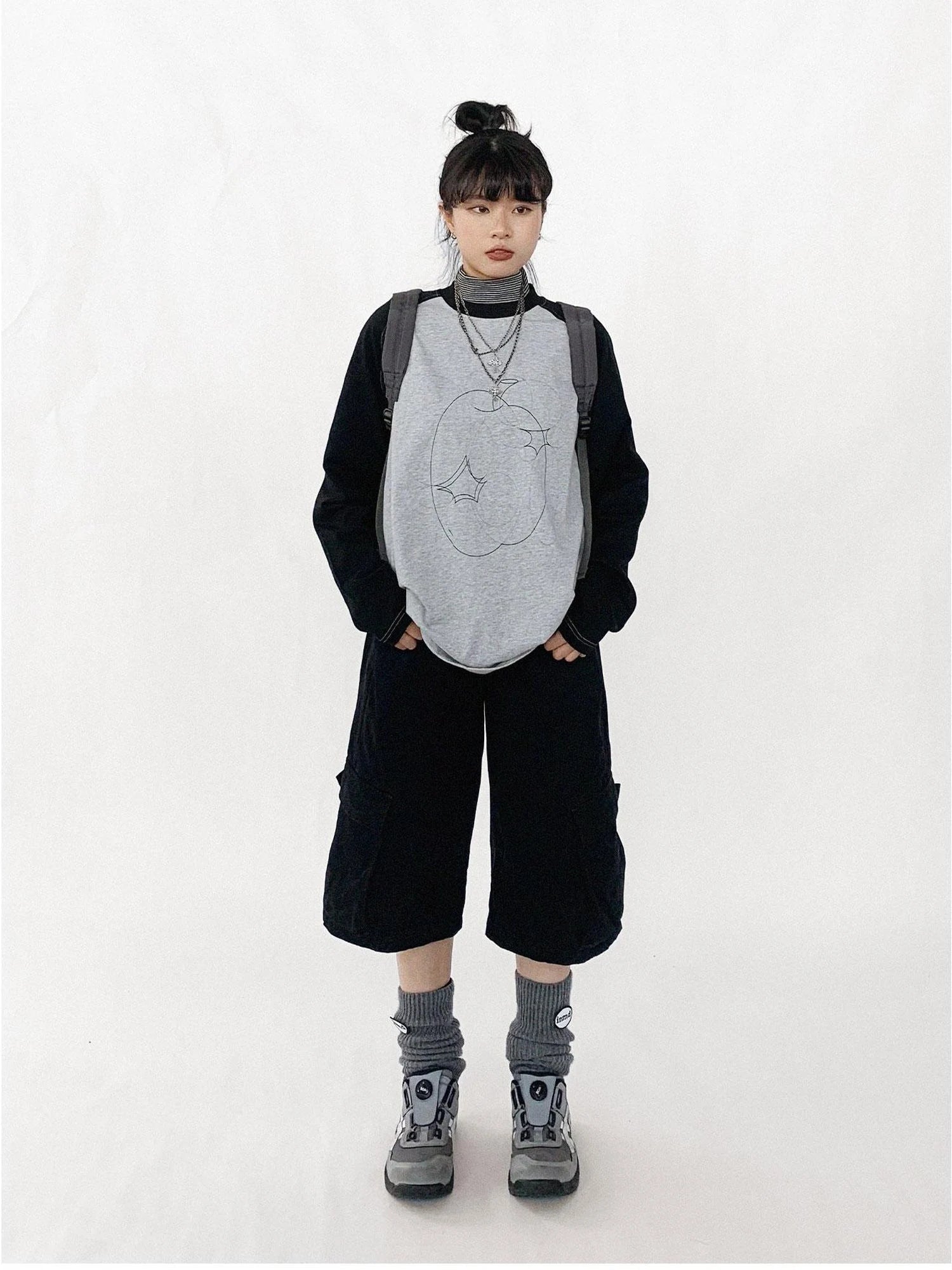 Apple Stitch Line Print T-shirt Long Sleeve Raglan Unisex