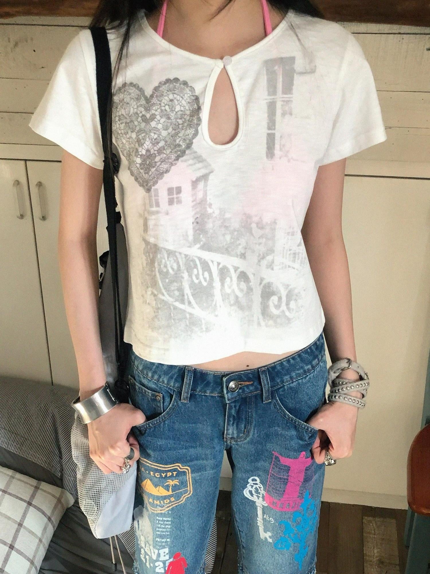 innomoood Bamboo White Heart Print Hollowout Vintage Women&