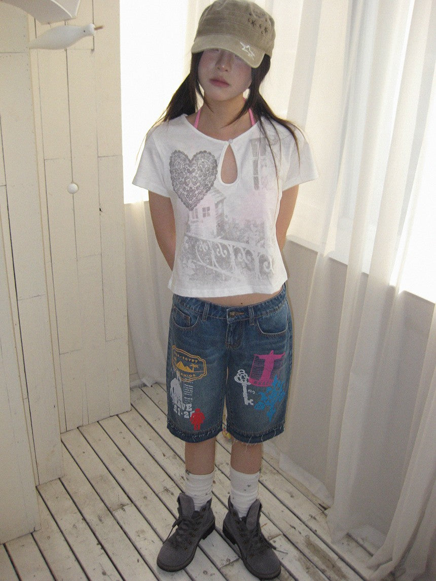 innomoood Bamboo White Heart Print Hollowout Vintage Women&