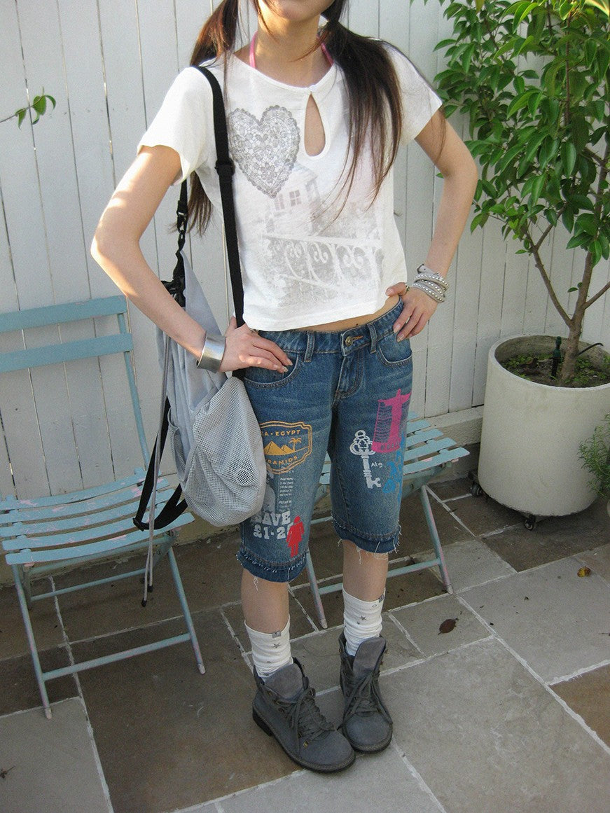 innomoood Bamboo White Heart Print Hollowout Vintage Women&