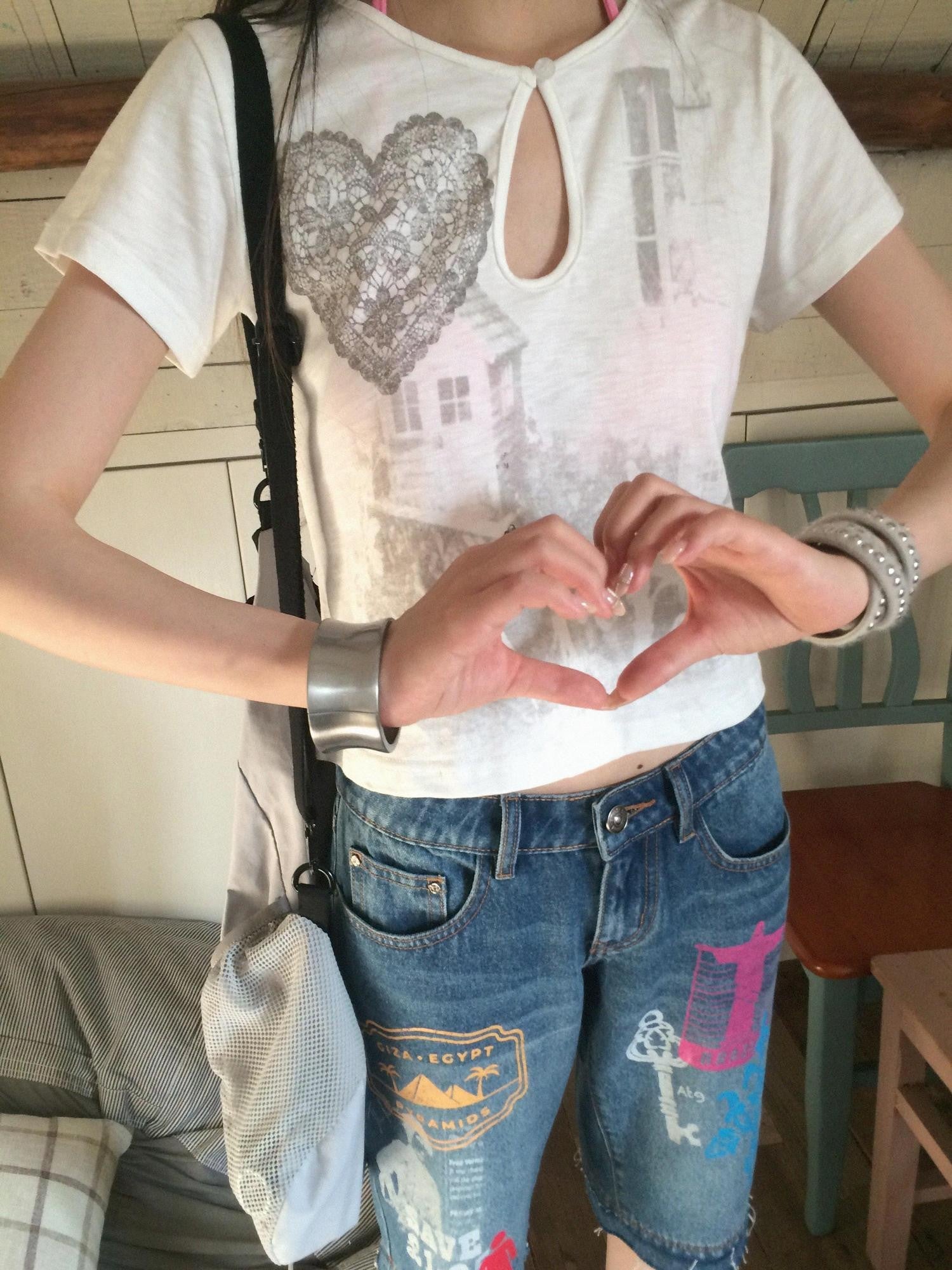 innomoood Bamboo White Heart Print Hollowout Vintage Women&