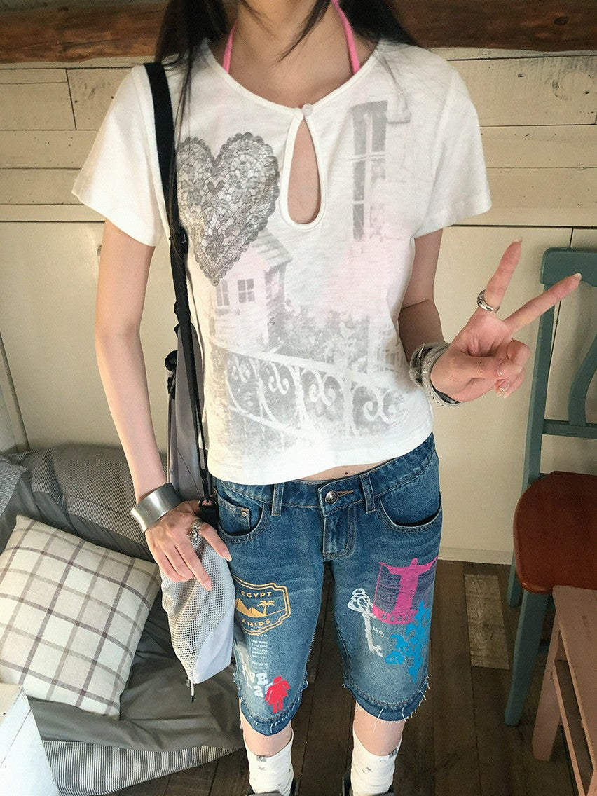innomoood Bamboo White Heart Print Hollowout Vintage Women&