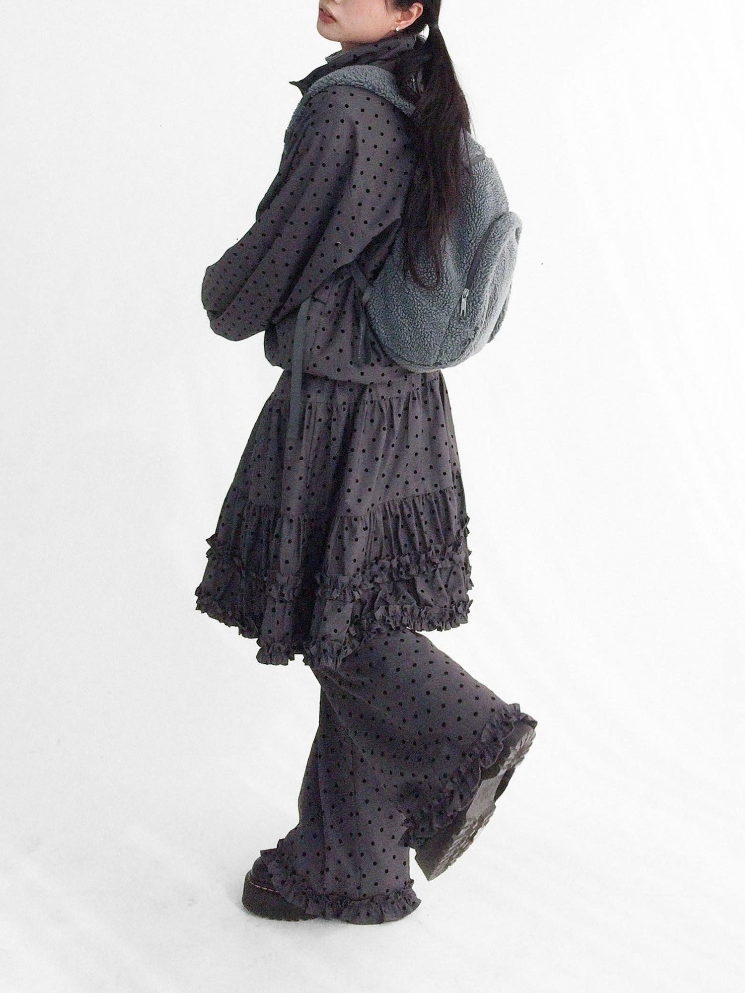innomoood Black Sugar Polka Dot Flocked Ruffle Low Rise Micro Flare Women&