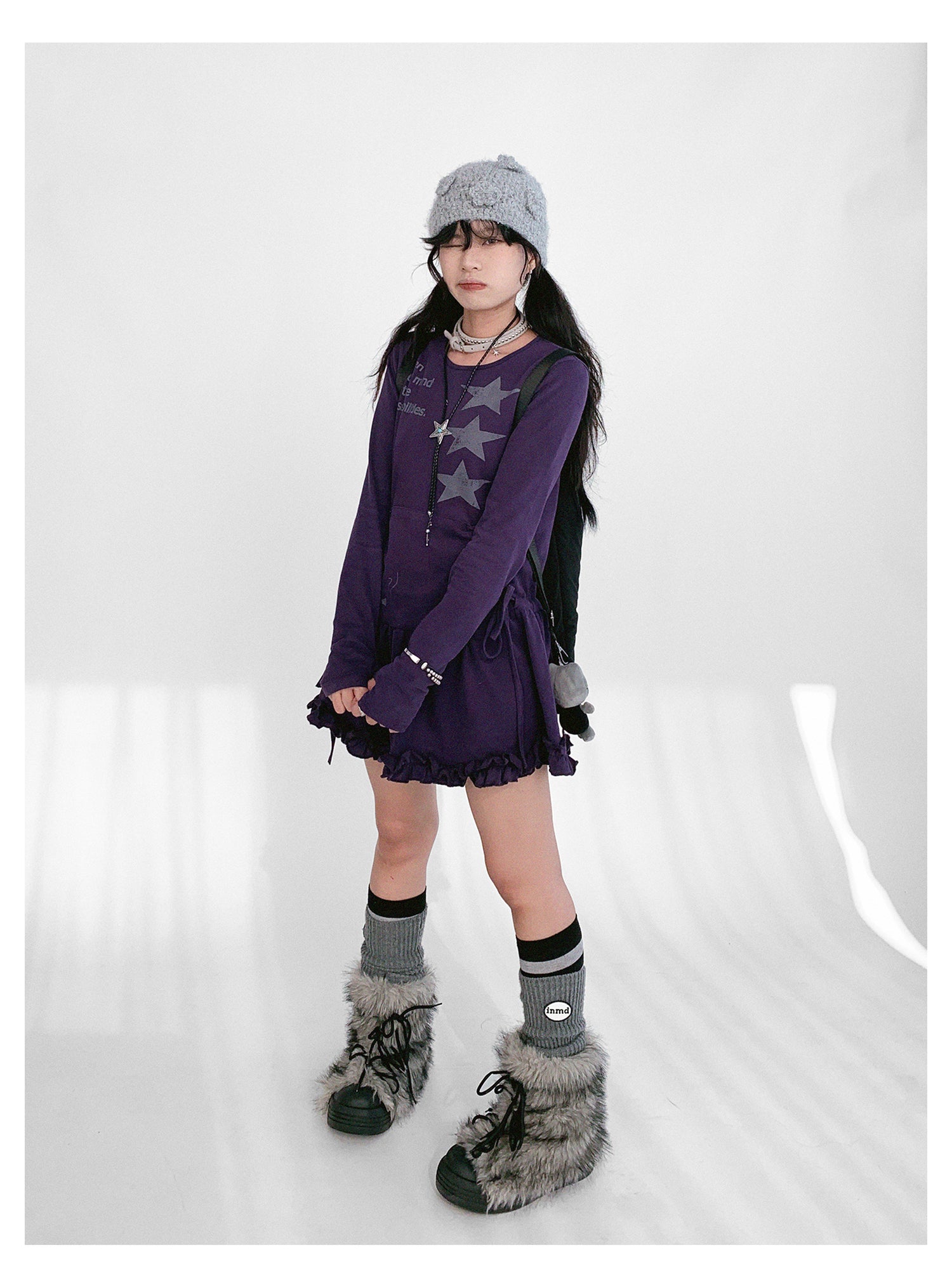 innomoood Blackberry Ruffle Print Drawstring Mini Dress