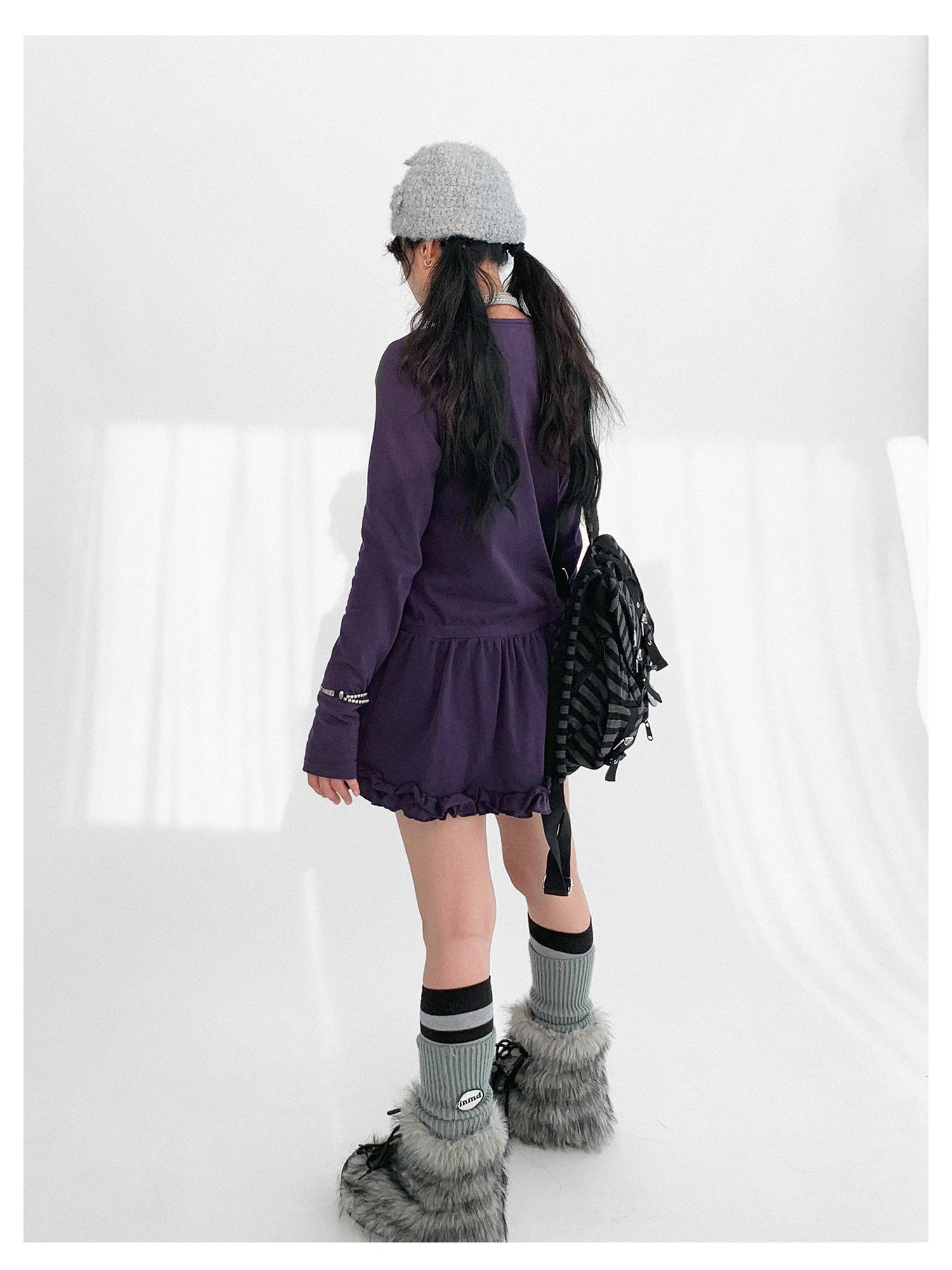 innomoood Blackberry Ruffle Print Drawstring Mini Dress